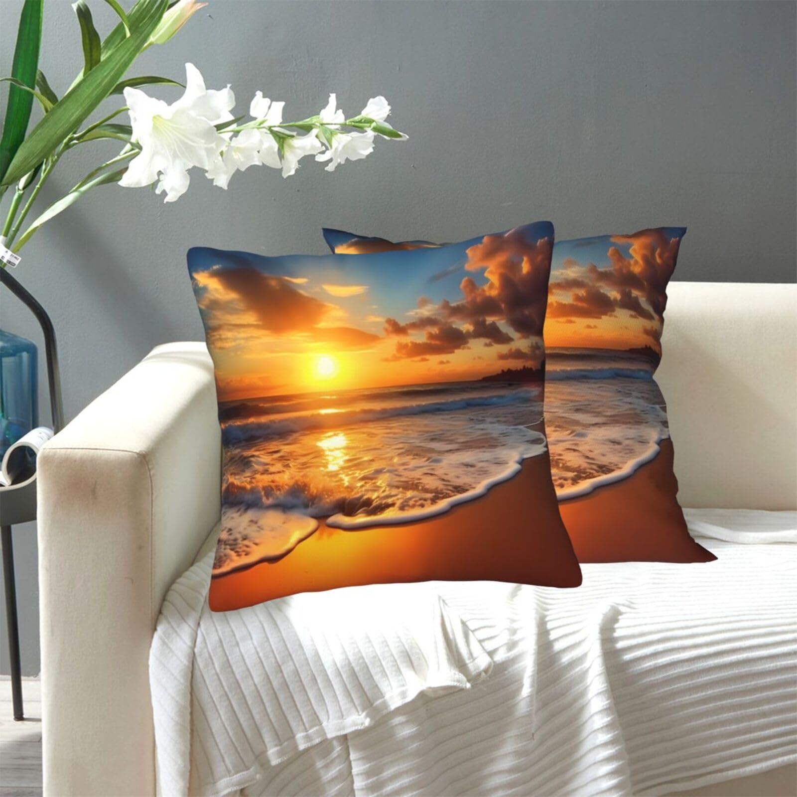 FekiLoot Decorative Throw Pillow Covers Modern Farmhouse Pillowcase Double Sided Cozy Cushion Cover for Sofa Couch Bed 16"X16" Sunset Beach