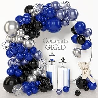 Amandir 153pcs Blue and Black Balloons Arch Garland Kit Different Sizes 18 12 10 5inch Metallic Silver Royal Dark Navy Blue Latex Confetti Graduation Balloon Birthday Space Retirement Party Supplies