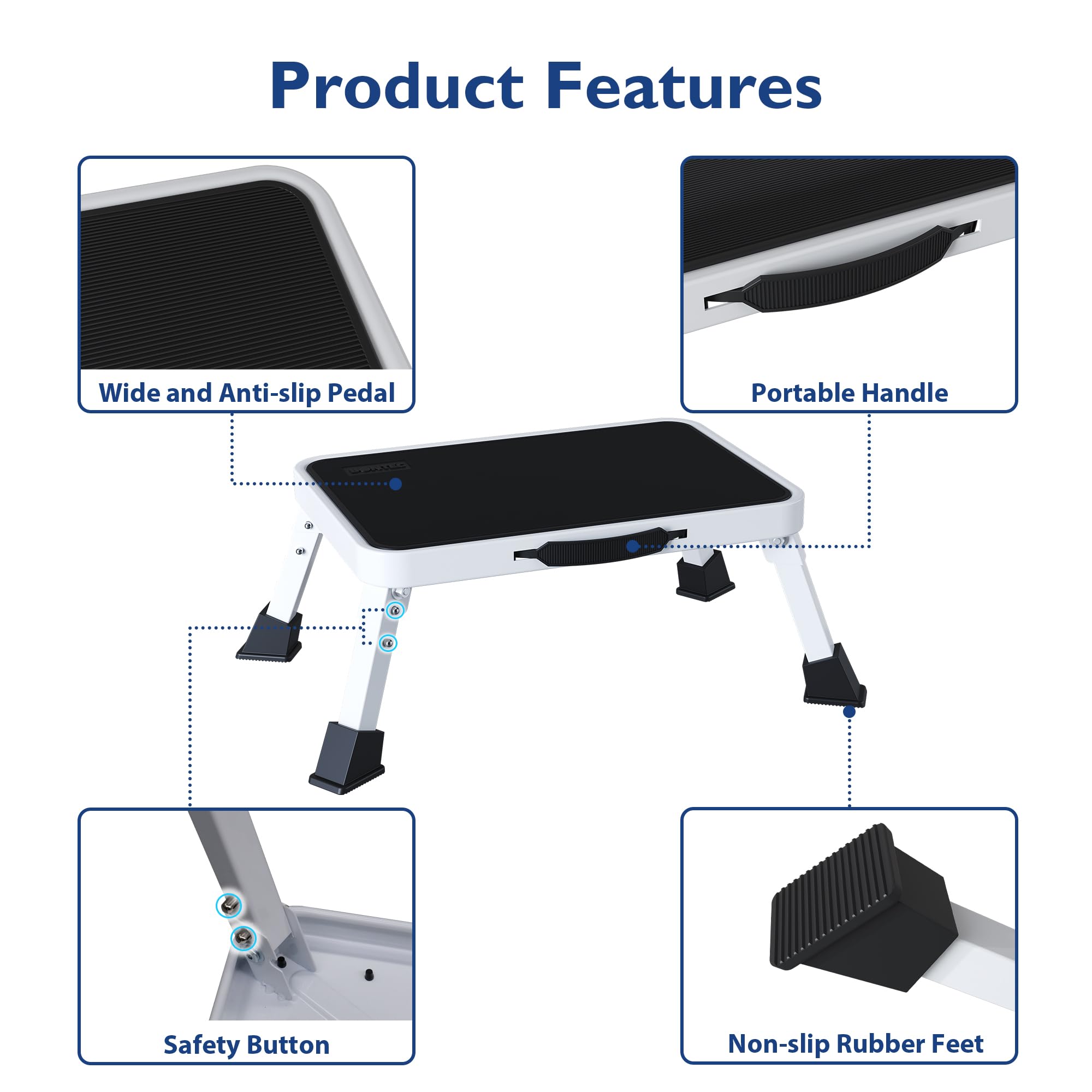 BONTEC Sgabello pieghevole, capacità di carico 150 kg, pedale largo antiscivolo, scala in metallo, maniglia portatile, piedini in gomma, design pieghevole, per camper, cucina, bagno, bianco