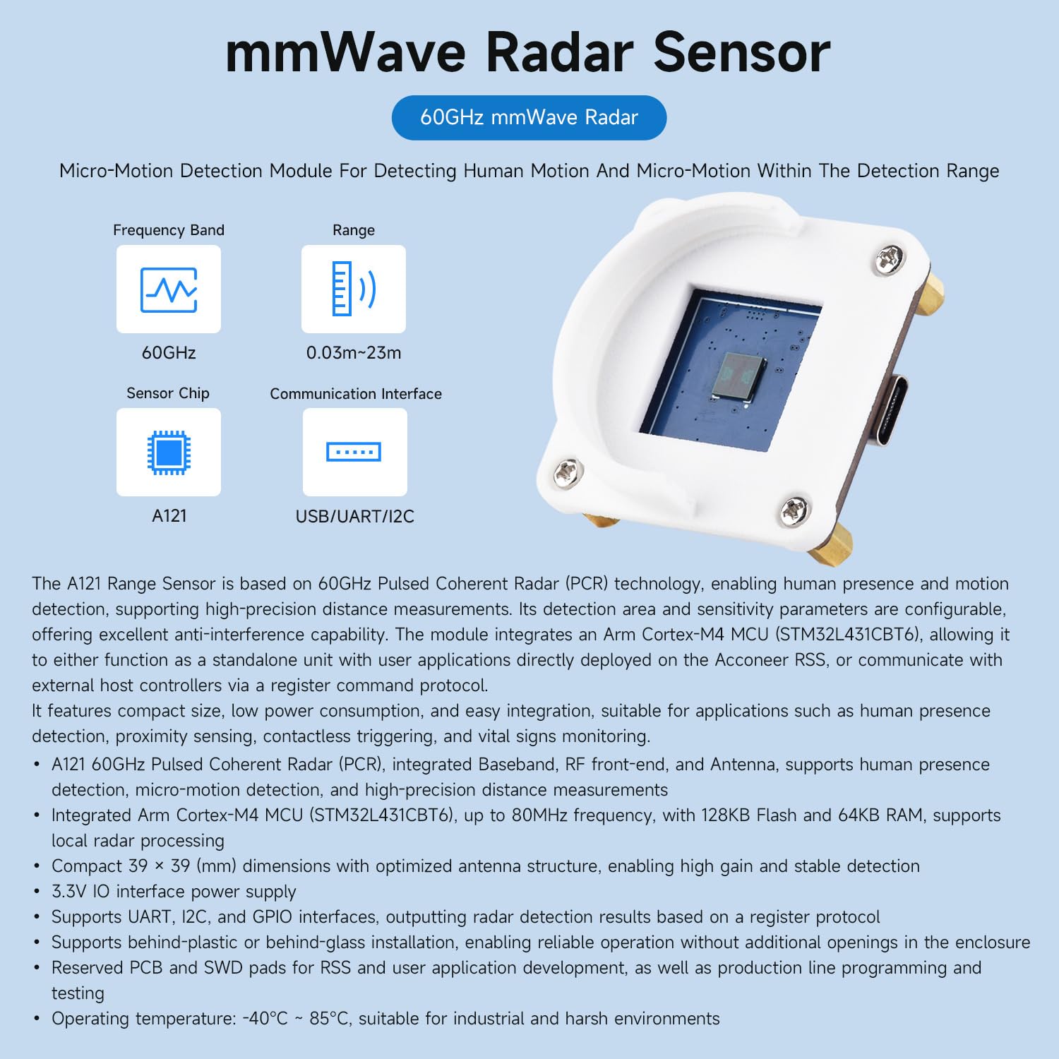 Waveshare A121 Range Sensor Box, A121 60GHz mmWave Radar Micro-Motion Detection Module, Based On Acconeer A121 Pulsed Coherent Radar (PCR) Sensor, Supports High-Precision Distance Measurements