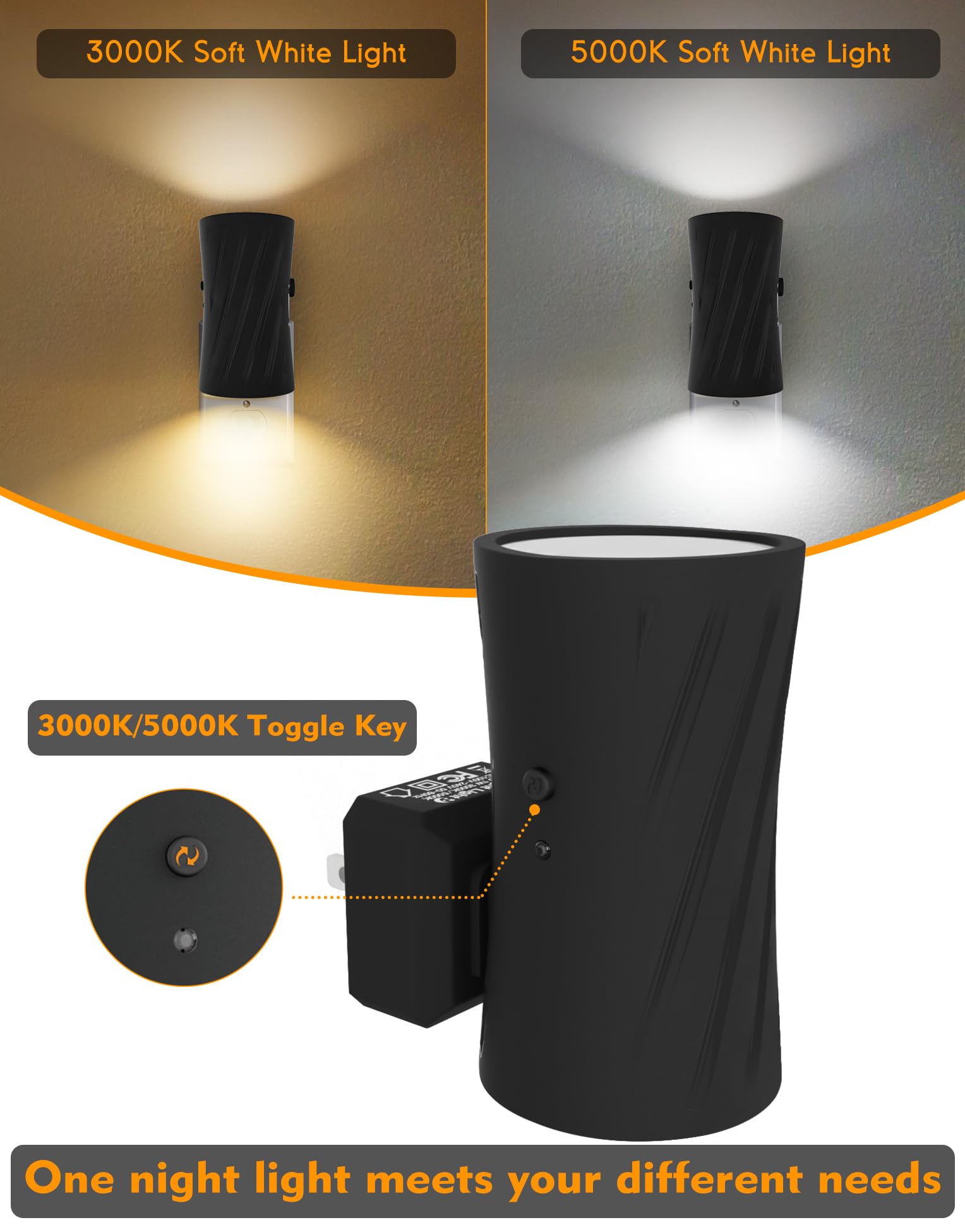 LED Plug in Night Light, Night Lights Plug into Wall with Light Sensor, 3000K/5000K Light Switch, 0-100LM Adjustable Brightness Wall Light, Dimmable Night Light for Hallway Bedroom Stairway, 2 Pack