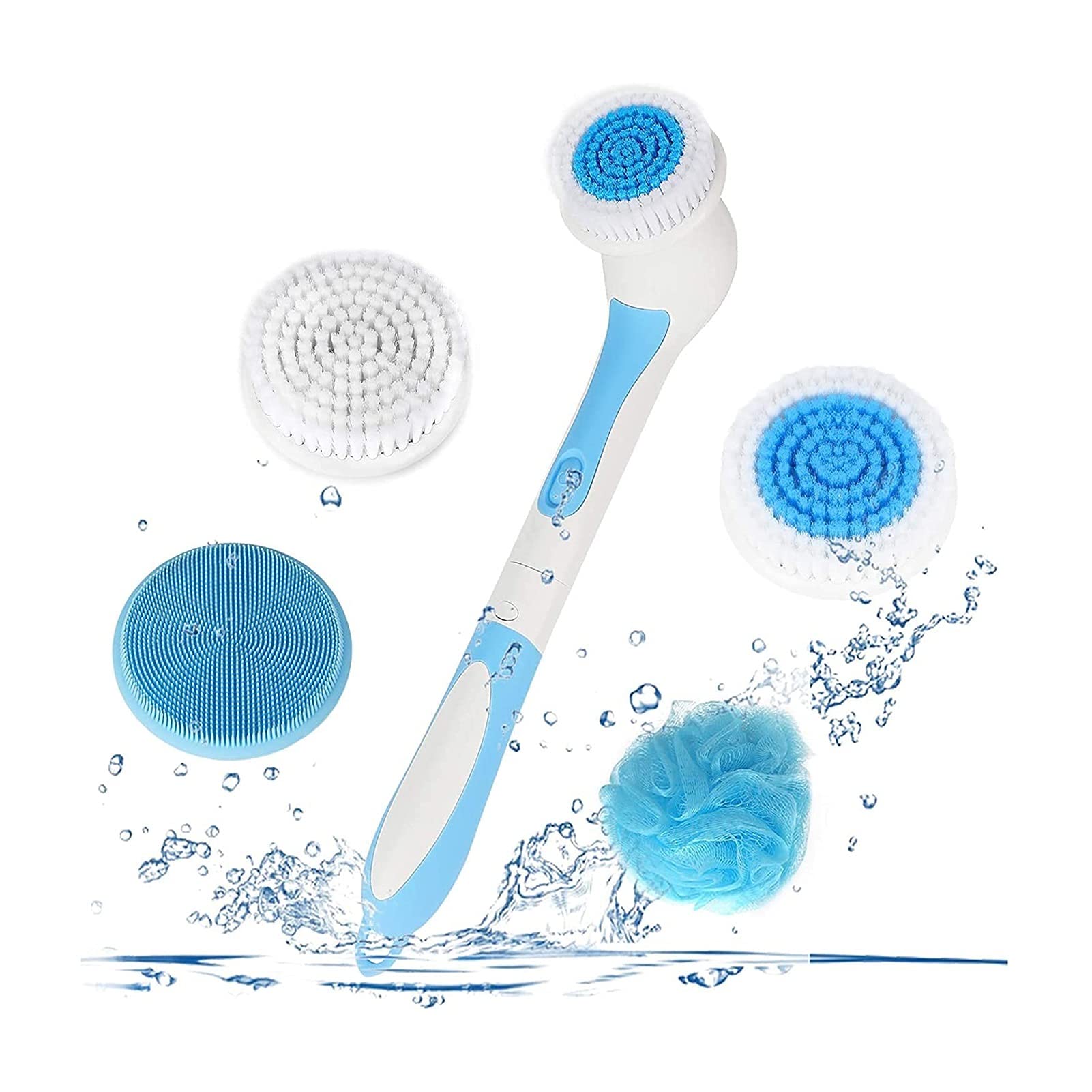 GeRRiT Ensemble de brosses de bain électriques, brosse corporelle en silicone étanche avec 4 têtes de brosse rotatives, brosse de douche for épurateur de bain facial exfoliant SPA, brosse dorsale à lo