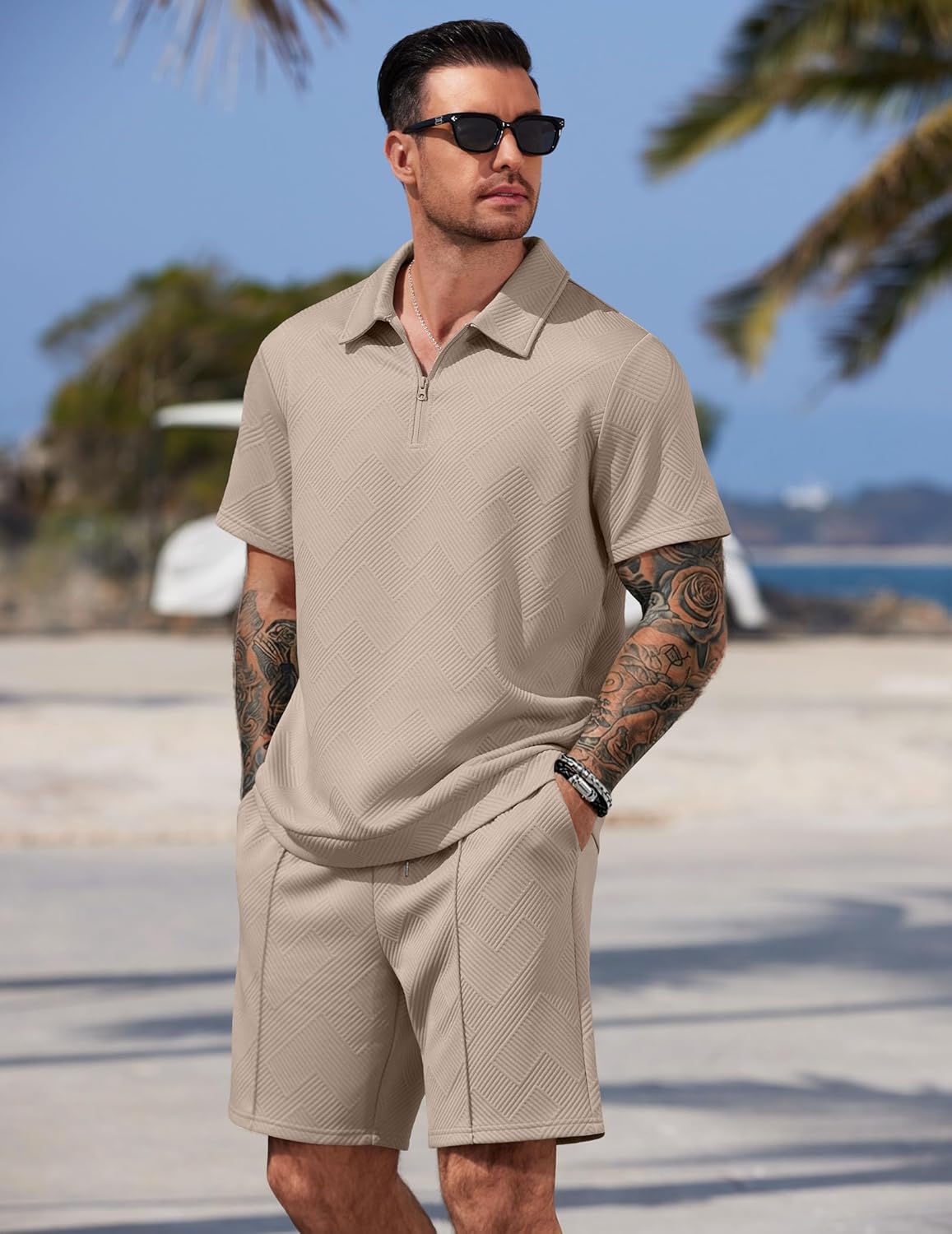 COOFANDY Men Short Sets 2 Piece Outfits Casual Quarter Zip Polo Shorts Sets Textured Summer Outfits Fashion Tracksuit Golf