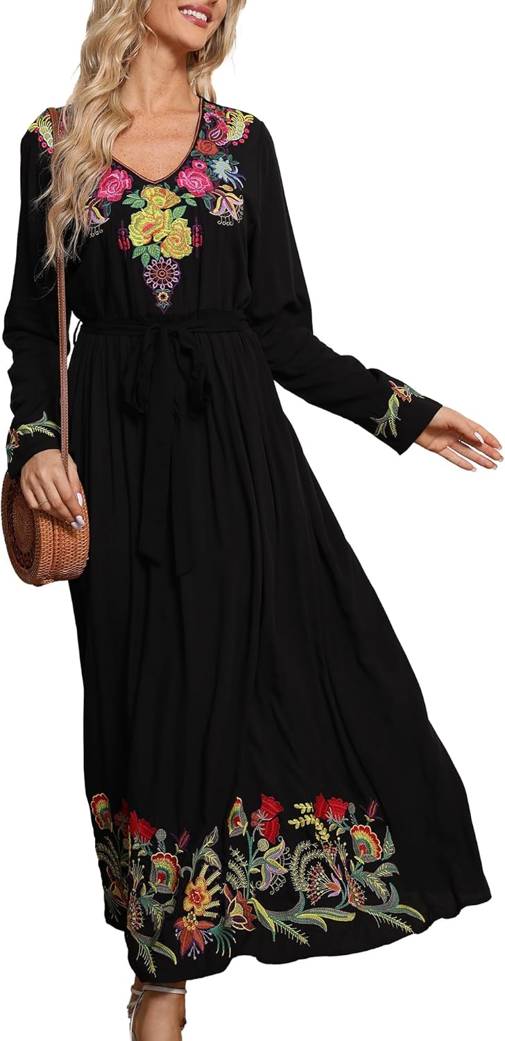 Grosy Women Long Sleeve Embroidered Mexican Dress for Fall Spring Peasant Traditional Floral Boho Smocked Maxi Dresses - Image 4