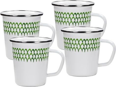 Golden Rabbit Enamelware Latte Coffee or Tea Mugs, 16 ounce, Green Scallop, Set of 4