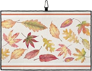 OComster Fall Golf Towel with Carabiner Clip, Watercolor Maple Leaves Autumn Orange Striped Burlap Microfiber Waffle Pattern Golf Towel, Golf Accessories for Cleaning Clubs and Balls, 24x16 in