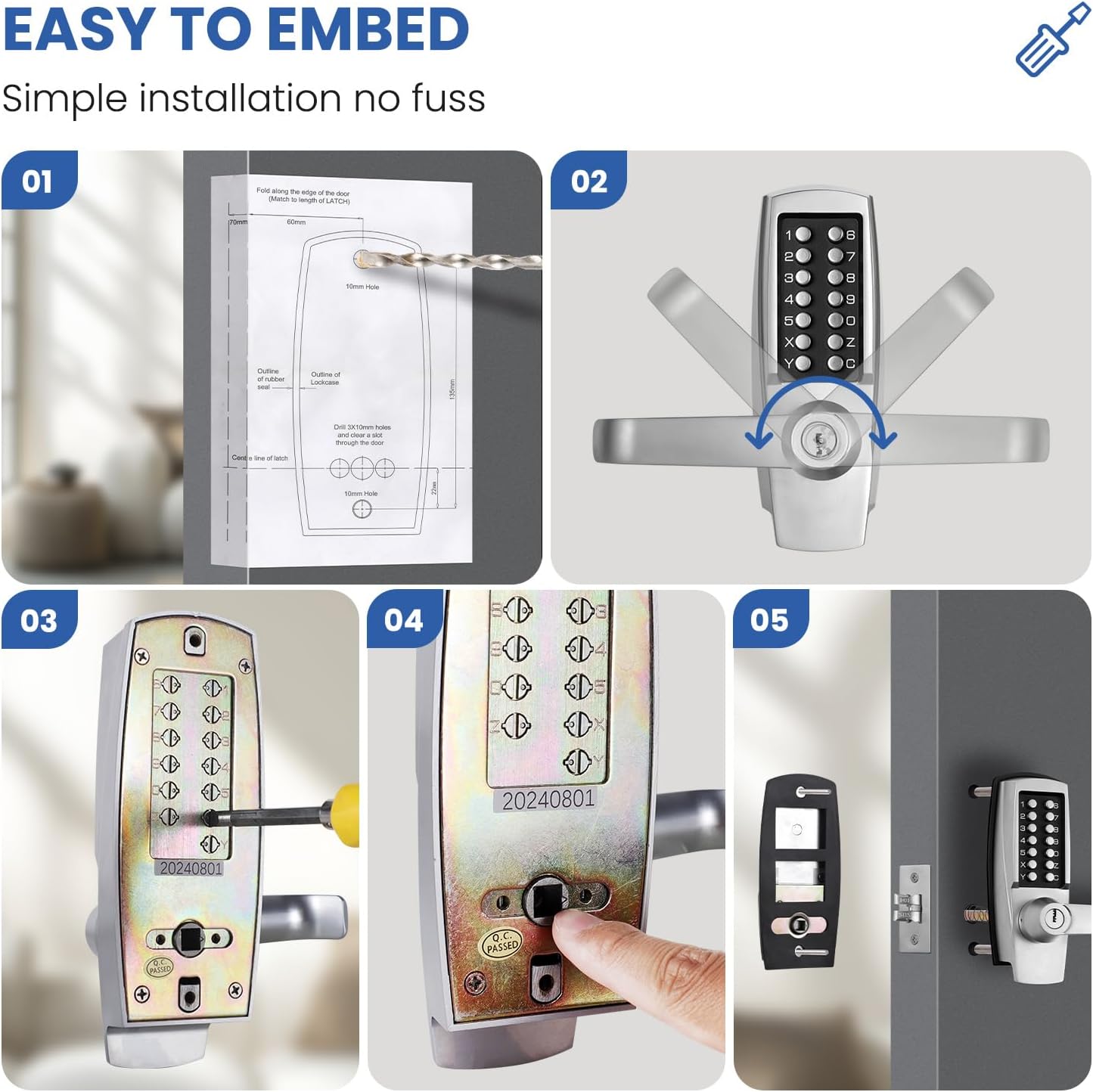 Keyless Entry Door Lock with Handle - Mechanical Door Lock 100% Without Batteries - Easy to Install & Use - Keypad Lock on Zinc-Alloy, Water and Sun Proof for Indoor or Outdoor