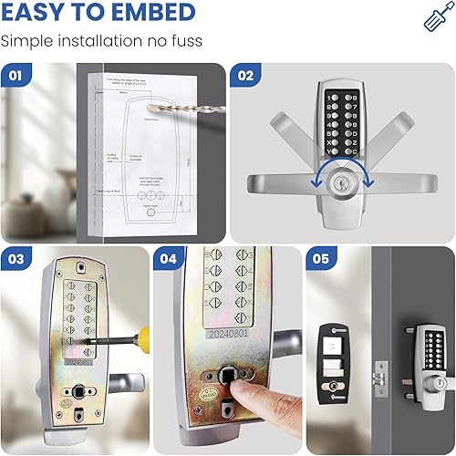 Miniatura 6 de Cerradura de puerta de entrada sin llave con asa, cerradura de puerta mecánica 100% sin baterías, fácil de instalar y usar, bloqueo de teclado en