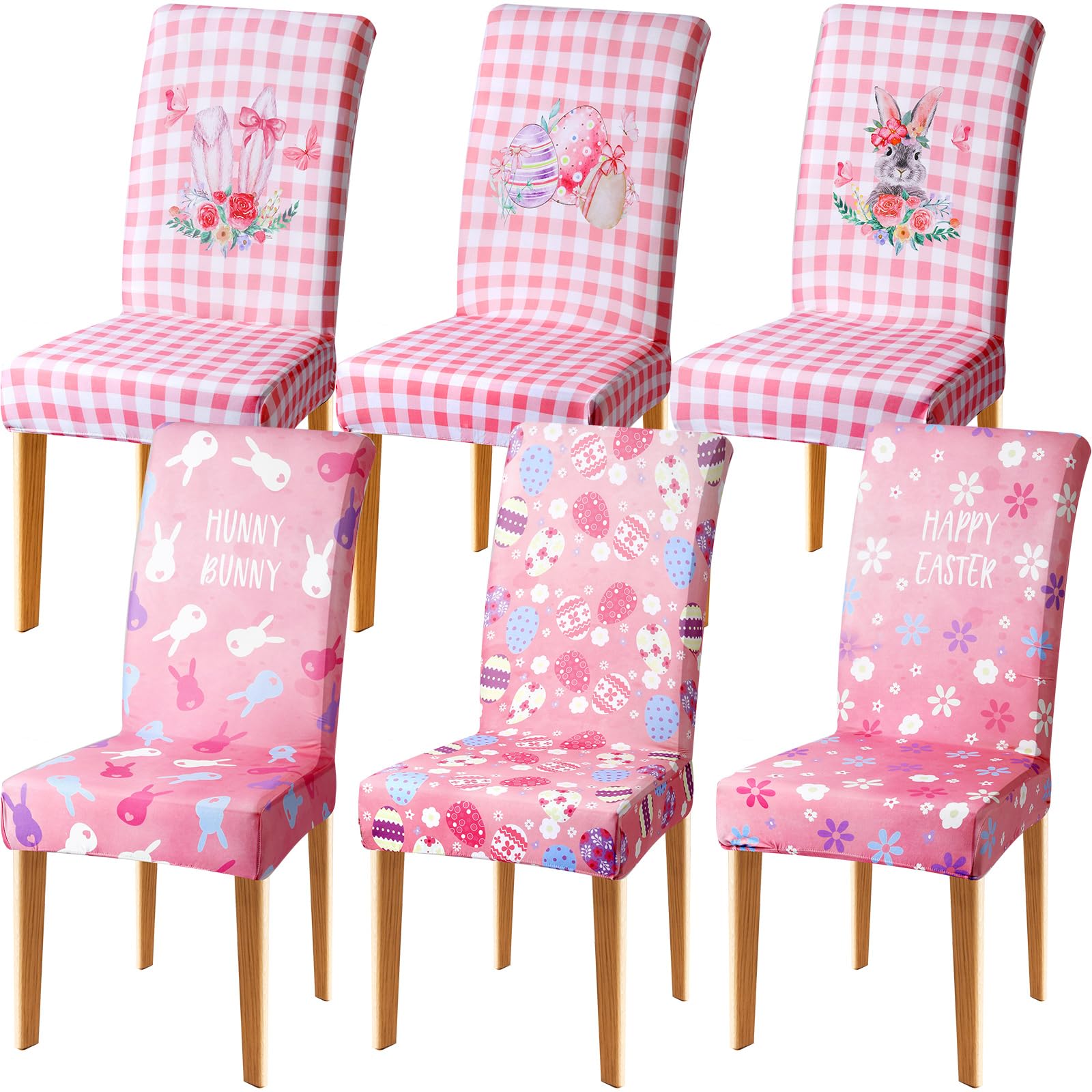 SmoothNovelty 6 Pcs Easter Chair Covers Dining Chair Slipcover Bunny Egg Flower Removable Seat Covers Pink Buffalo Plaid Washable Spring Seat Chair Protector Cover for Room Kitchen Easter Party Decor