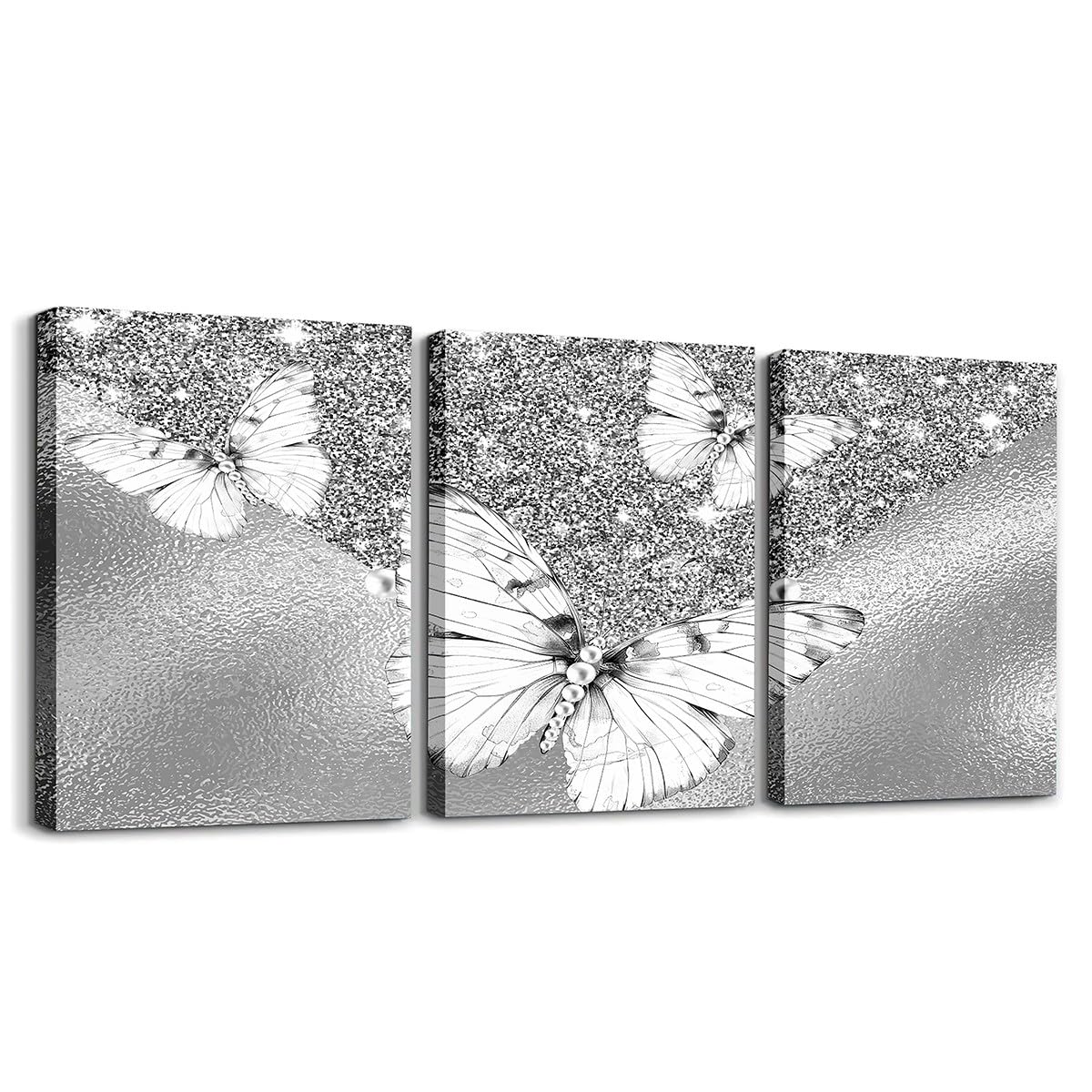Loussiesd Glitter (No Glitter) Bathroom Wall Art for Home Decor 40X30cm Stylish Butterfly 3 Piece Canvas Wall Art for Living Room Bedroom Animals Office Wall Decor Artwork Posters Silver Grey