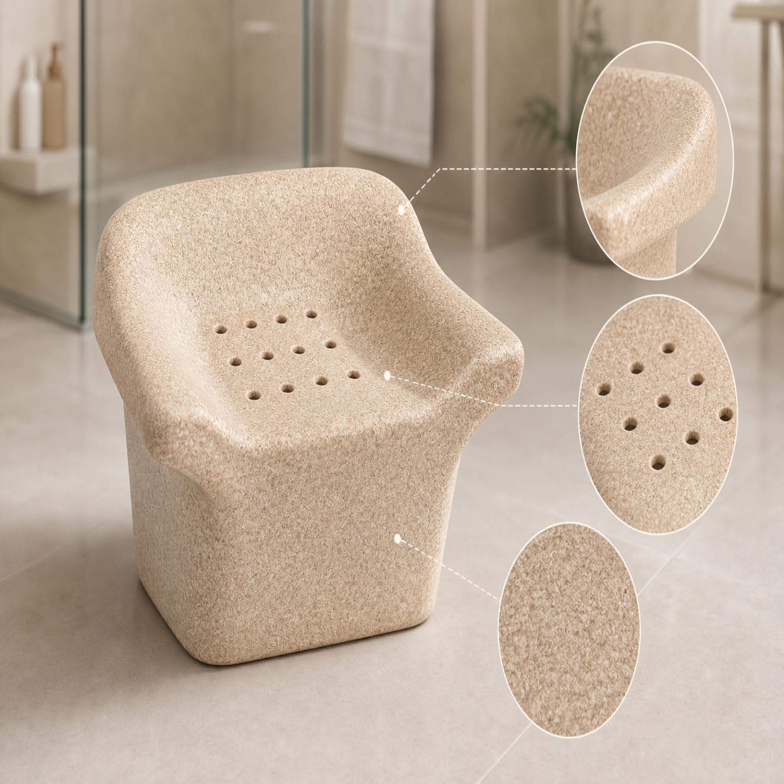 harayaa Sgabello da Doccia in Schiuma Sedia Bagno Sgabello Supporto Sedile Ergonomico Drenante Base Stabile Resistenza Allo Scivolamento Adatto per Assistenza Igiene Personale in Bagno, Beige