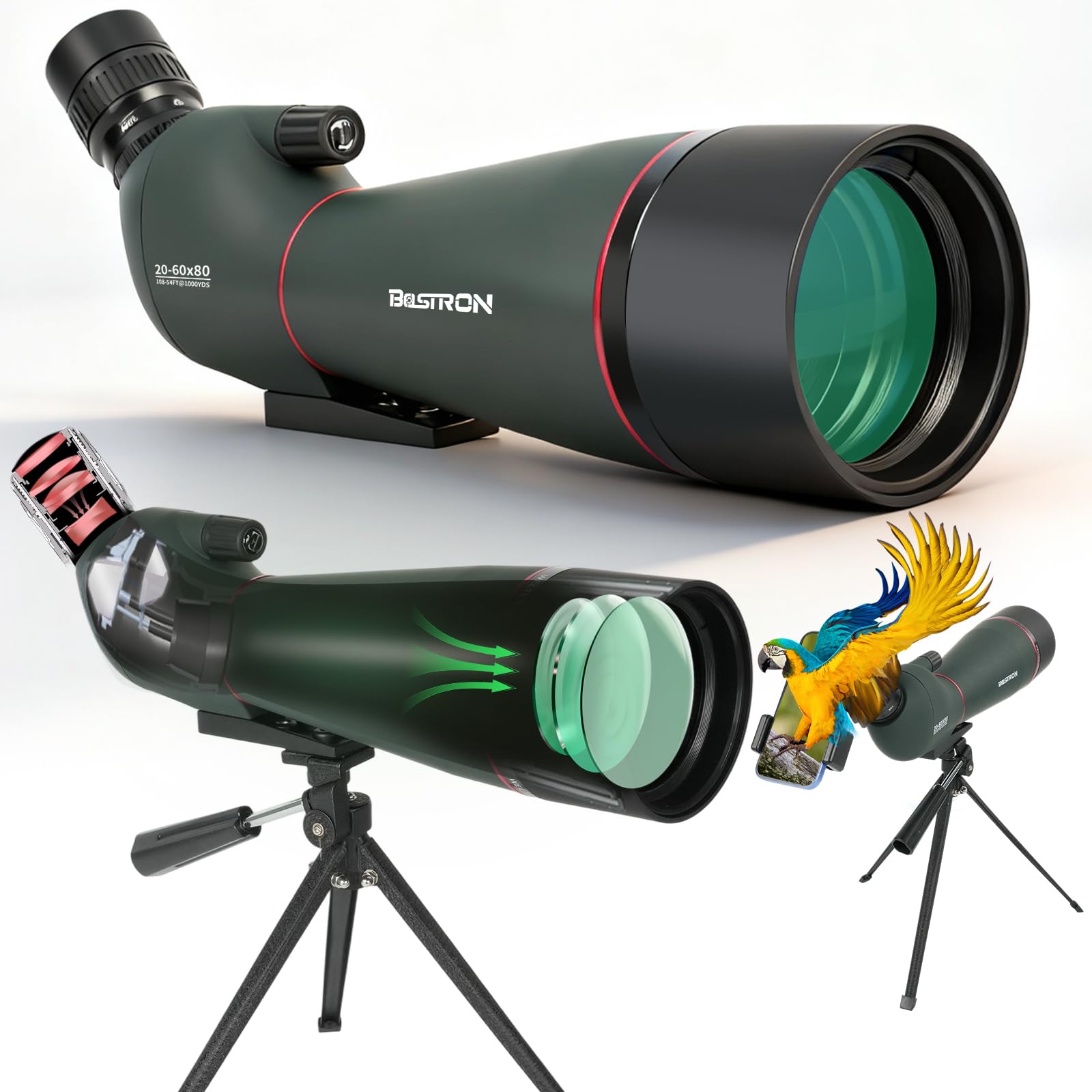 Catalejo Terrestre HD 20-60x80, Lente FMC Verde, Adaptador Móvil + Trípode, Portátil para Observar Aves, Caza y Paisajes