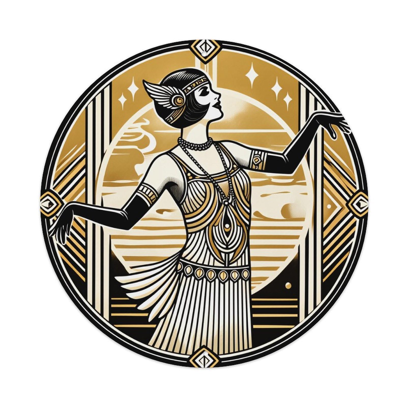 Art Deco Woman Pattern Print Round Tin Sign Vintage Metal Poster, Home Bar Garage Man Cave Cafe Indoor & Outdoor Wall Decoration 8x8Inches