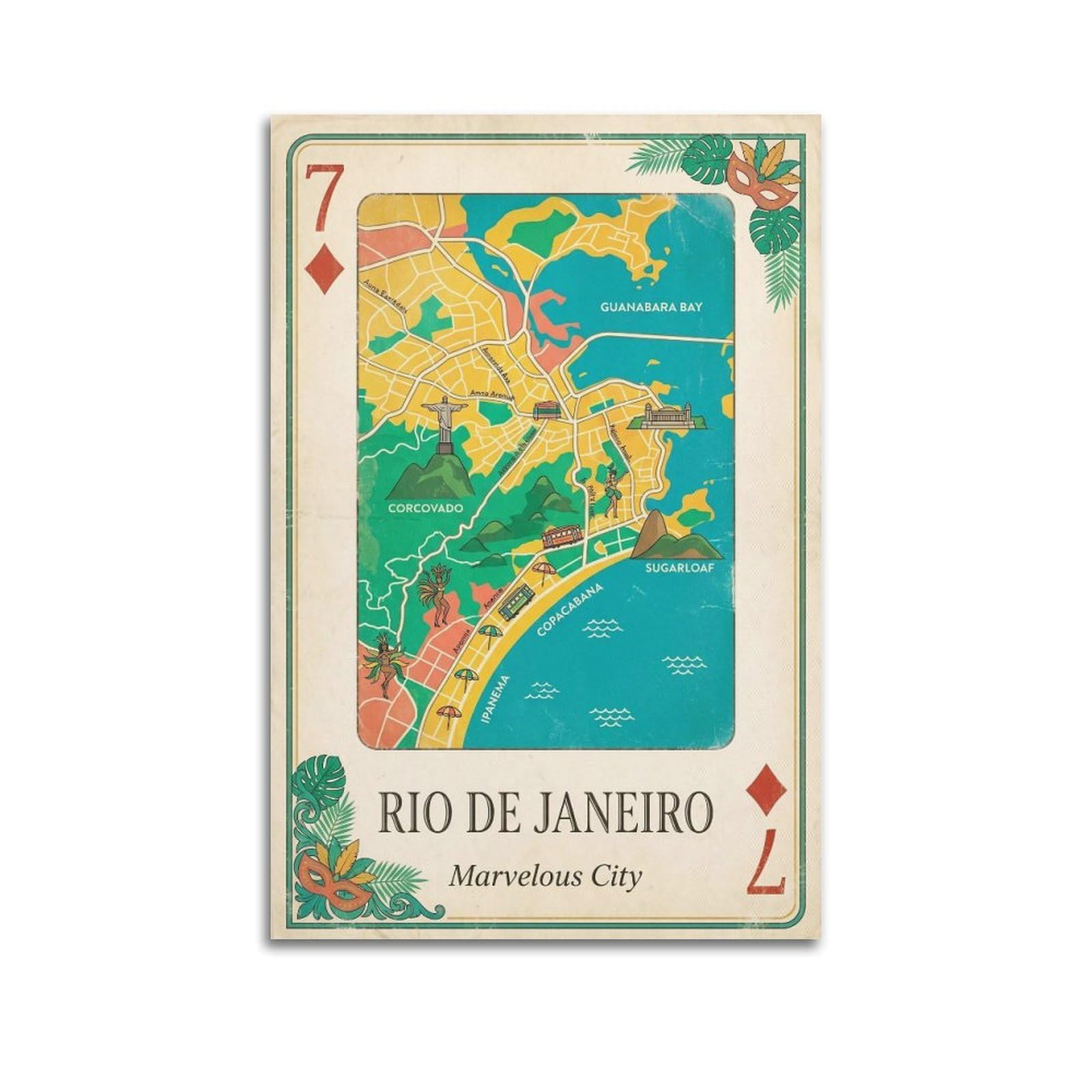 OKNGB Vintage City Map Poster Rio De Janeiro Brazil Bay Playing Card Style Decorative Painting Canvas Art Picture 24x36inch(60x90cm)
