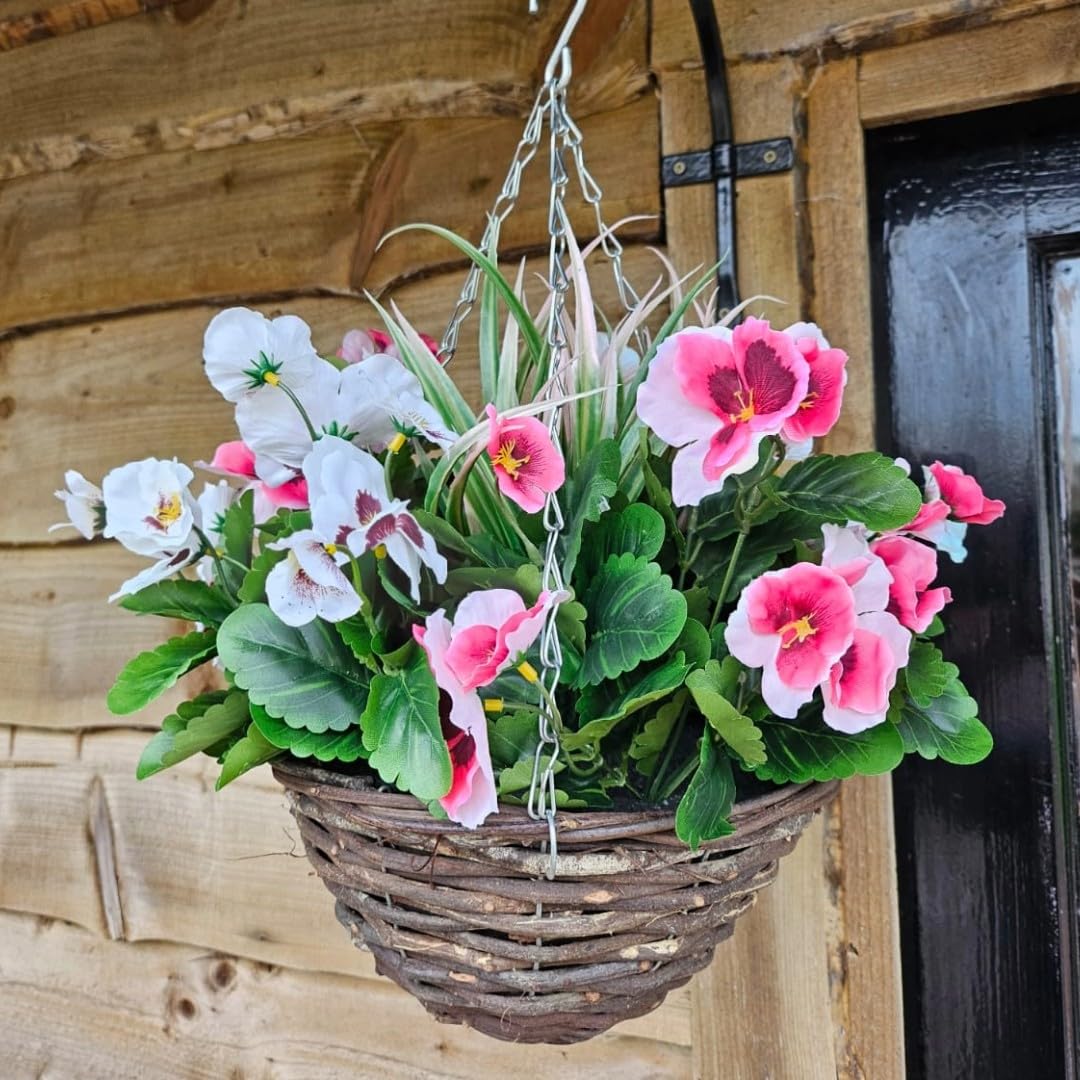 Best Artificial Pink & White 10" Wicker Rattan Basket With 30Cm Pansy Flower Display - Suitable For Outdoor, Indoor And Garden (Multi Listing) (Pink & White)