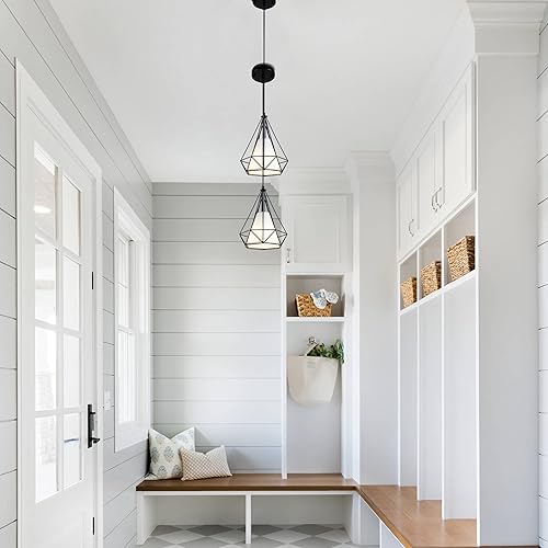 Miniatura 7 de COTTAGE LIFE Lámpara colgante negra de granja, paquete de 2 luces colgantes industriales con jaula de metal, luces colgantes de altura ajustable