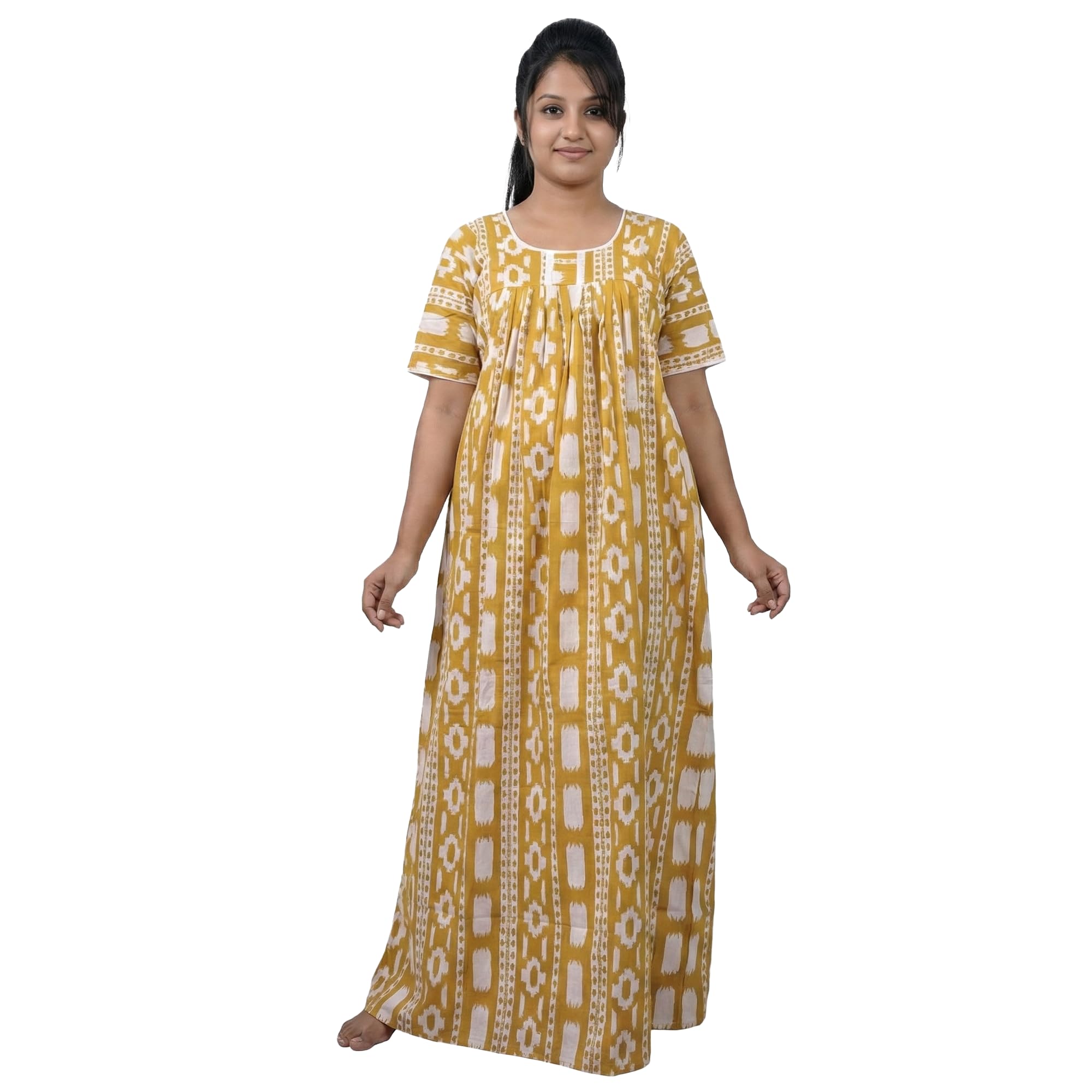 Women's Cotton Nighty, Mustard Yellow Geometric Print, Empire Waist Maxi Nightgown, Short Sleeve Loungewear-picture-24