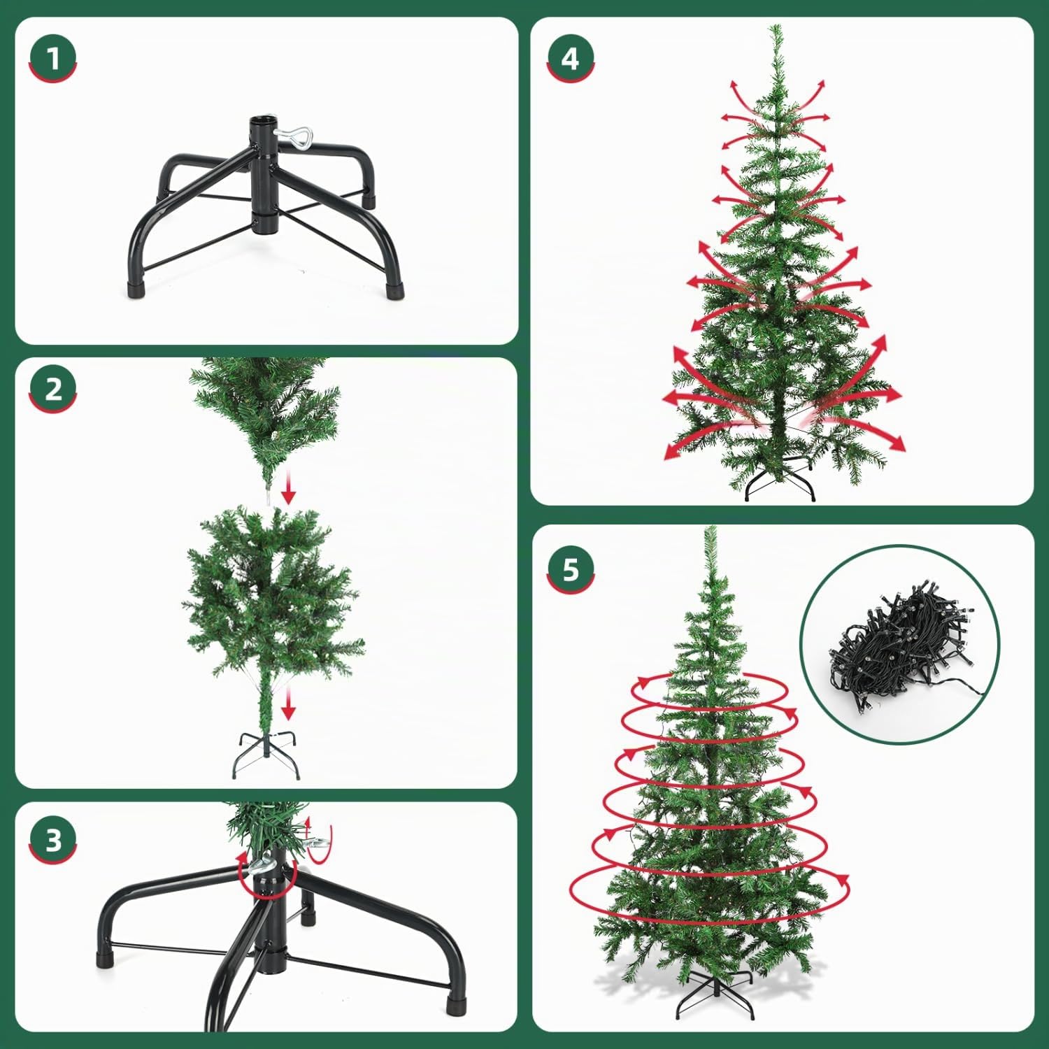 Aigostar Albero di Natale Artificiale da 150 CM,con Catena di Luci LED da 13 M,8 Modalità di Illuminazione,200 LED Bianco Caldo280 Rami,Colore Verde,Include Supporto in Metallo.