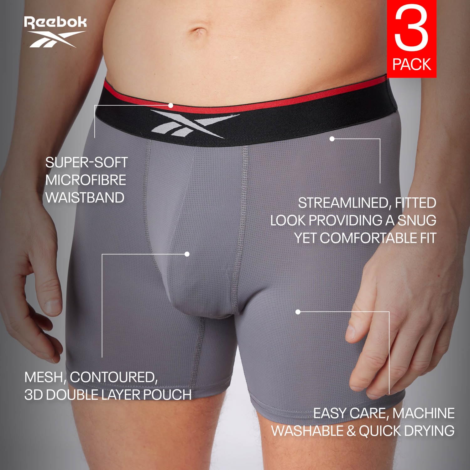 Reebok Glynn Bokserki Męskie, 3 Sztuki, Oddychające i Rozciągliwe Bokserki Męskie, Wielopak, Czarny/Szary Marl/Charcoal Marl, L