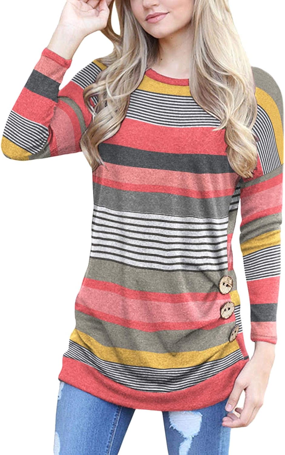 Yincro Women's Casual Long Sleeve Tunic Tops Fall Tshirt Blouses Medium Red Striped