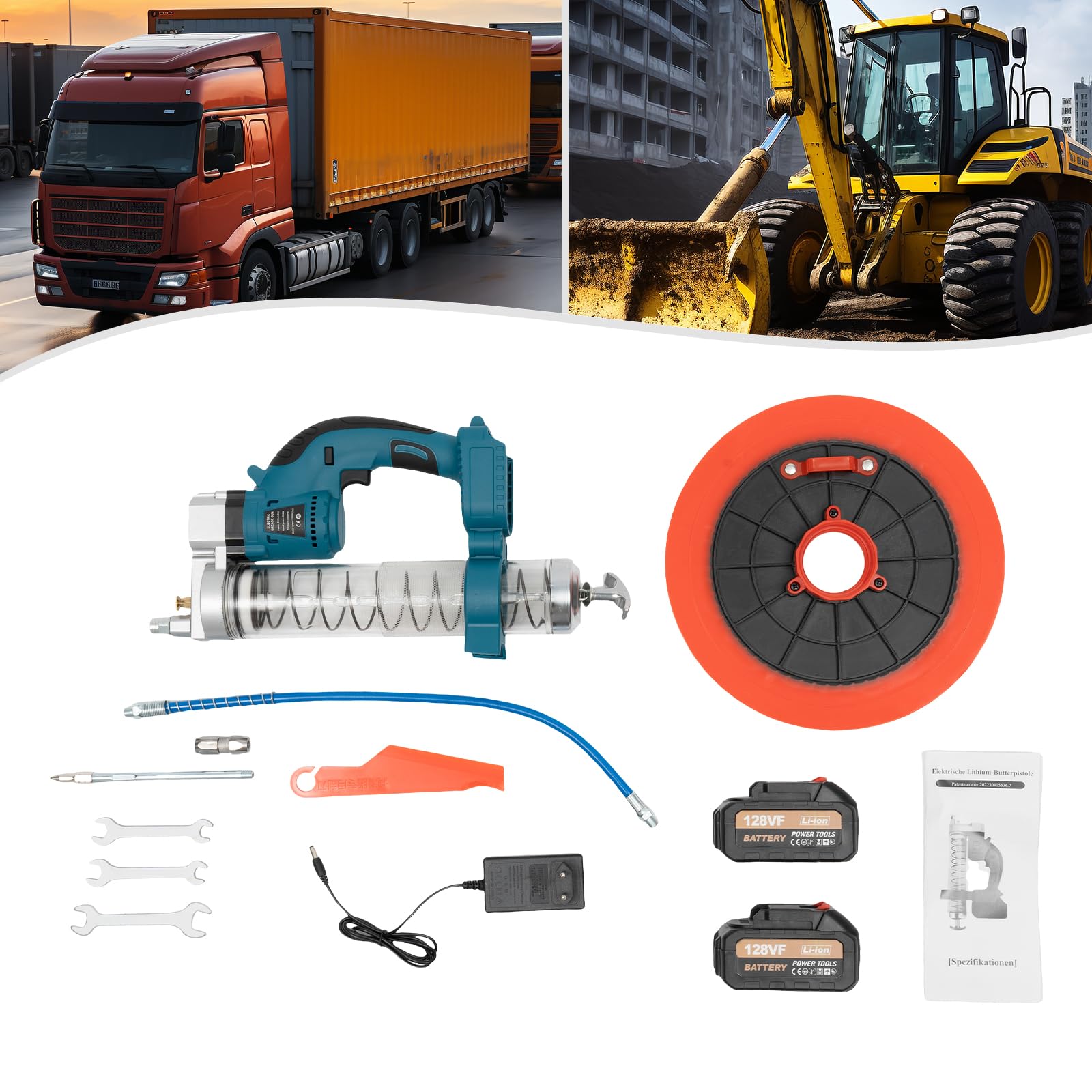 Engrasador a batería Kit pistola engrasadora eléctrica con 2 baterías y cargador con tubo y tubo flexible apto para el llenado de aceite de automóviles y máquinas agrícolas