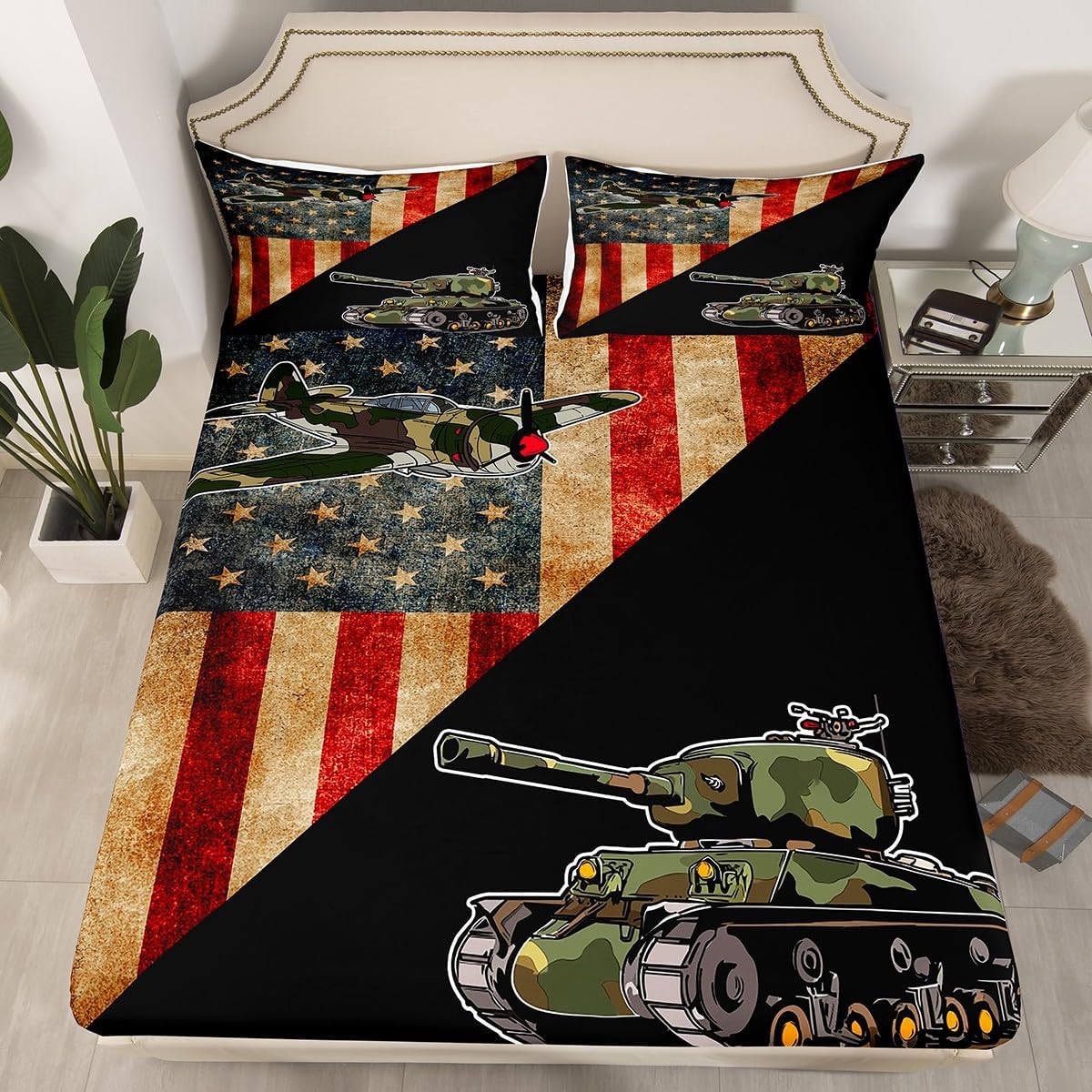 Camo Airplane Kids Fitted Sheet Full Size,Camouflage Tank Aircraft Bedding Set,Boys Girls Adults Room Decor,American USA Flag Western Bed Cover,Red Black Retro Bed Sheet,2 Pillowcases image 5