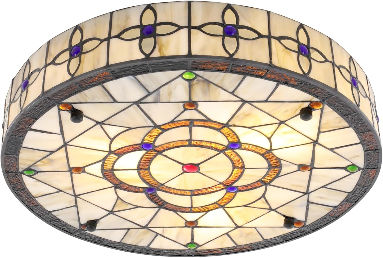 16inch Tiffany Ceiling Lamp 3-Light Vintage Stained Glass Flush Mount Light Handmade Retro Lightning Fixture for Bedroom, Living Room, Hallway