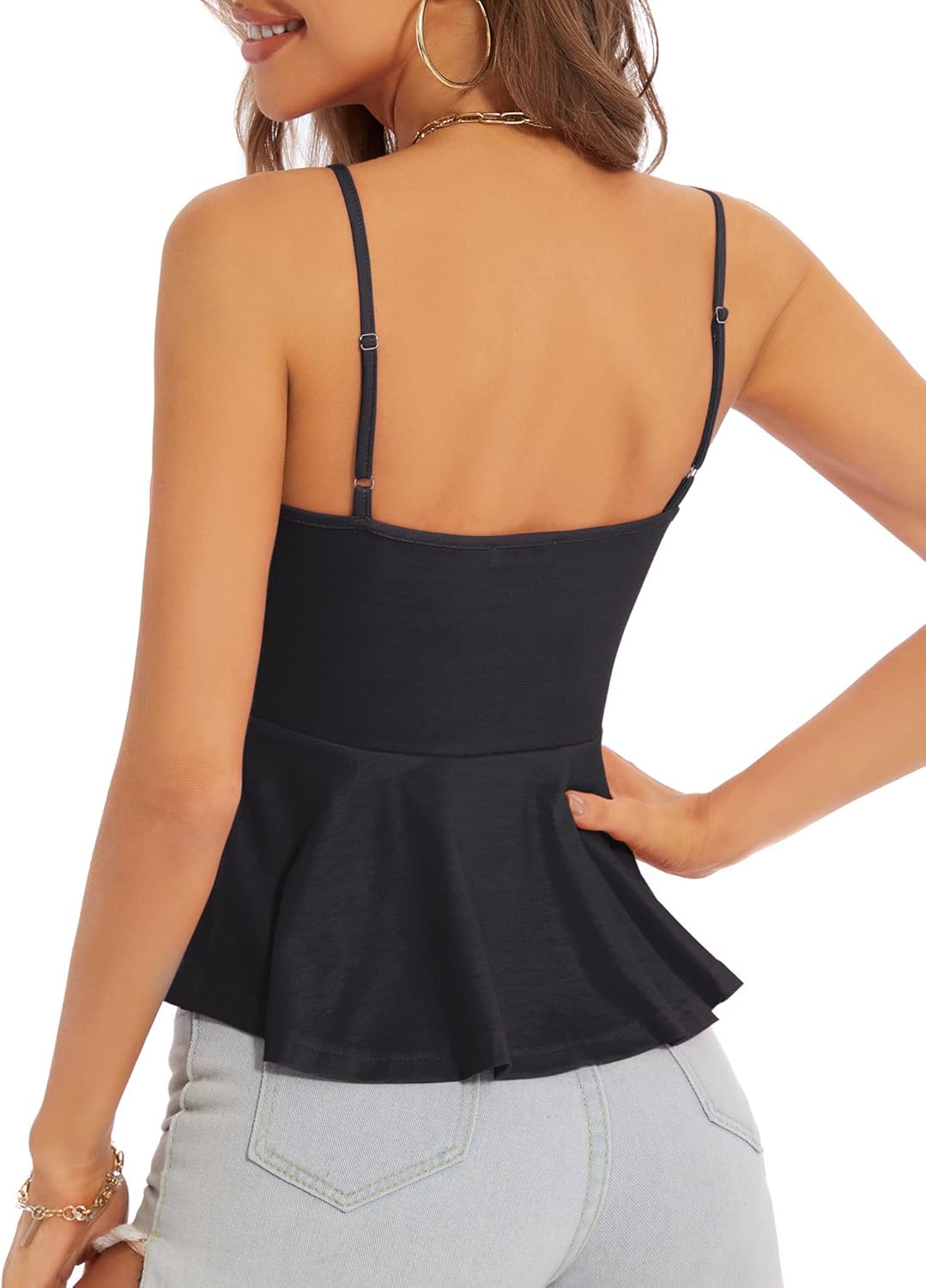 HUHOT Women's Floral Ruffle Top Tie Front Sleeveless V Neck Adjustable Spaghetti Strap Cami - Image 2