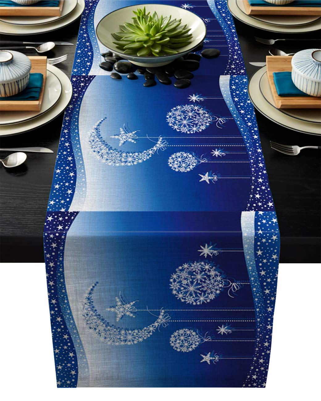 Cotton Linen Table Runner Dresser Scarves Winter Snowflake Moon Star Non-Slip Burlap Rectangle Table Setting Decor for Wedding Party Holiday Dinner Home,16 Wide x 72 inches Long White Blue