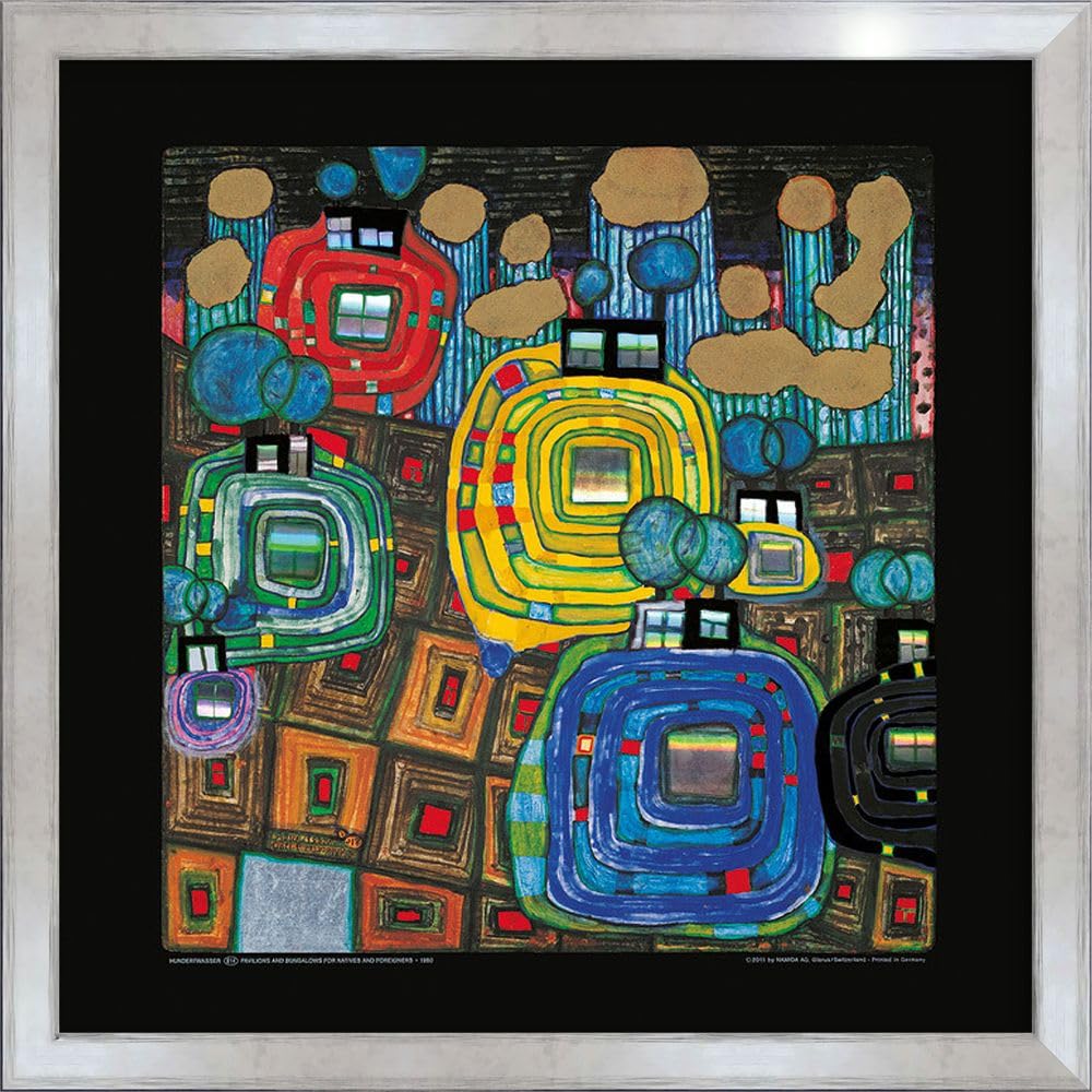artissimo Premium-Kunstdruck gerahmt 53x53 cm AG4685 – Friedensreich Hundertwasser Pavilions and Bungalows – Bild mit Rahmen, Wandbild, Poster, Wanddekoration