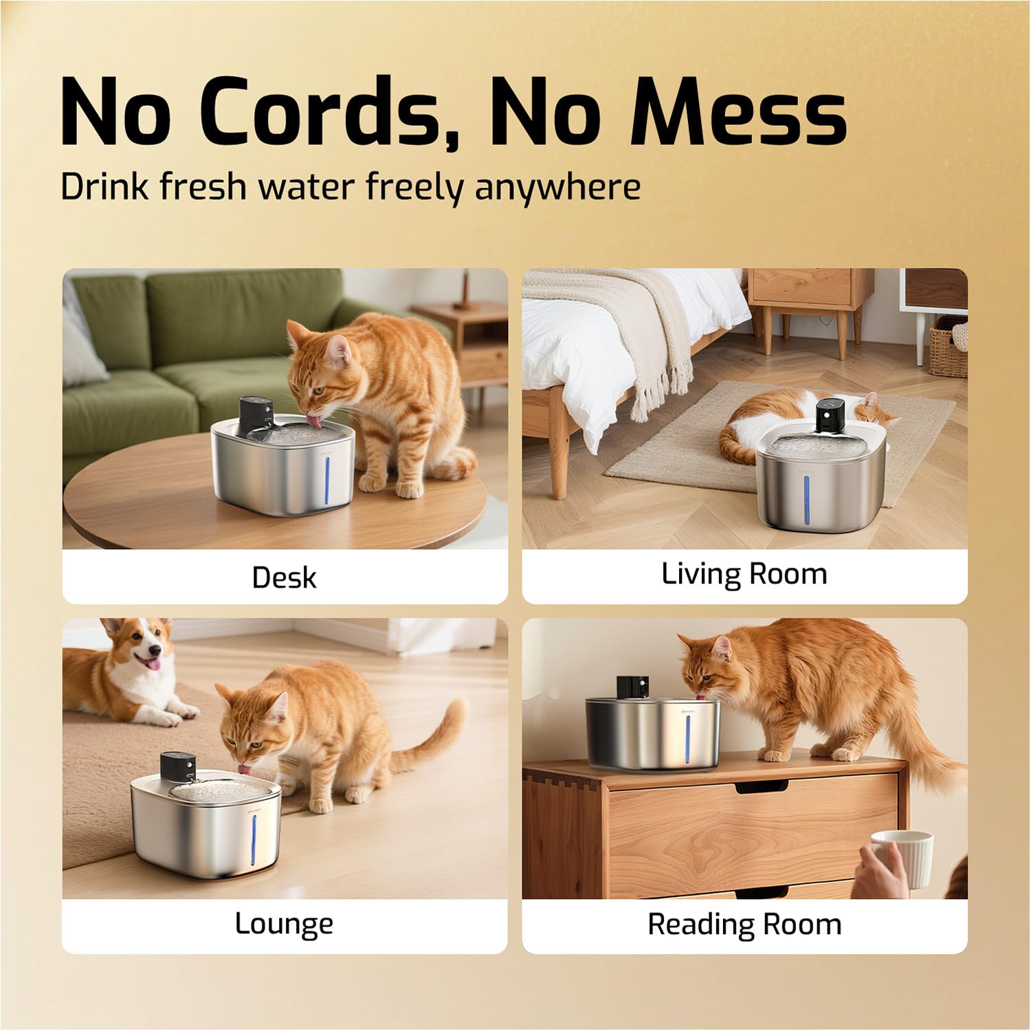 Fuente de agua para gatos de acero inoxidable, 4,5 L, inalámbrica, para mascotas, cuenco de agua automático para gatos y perros con sensor de movimiento, fuente de agua filtrada