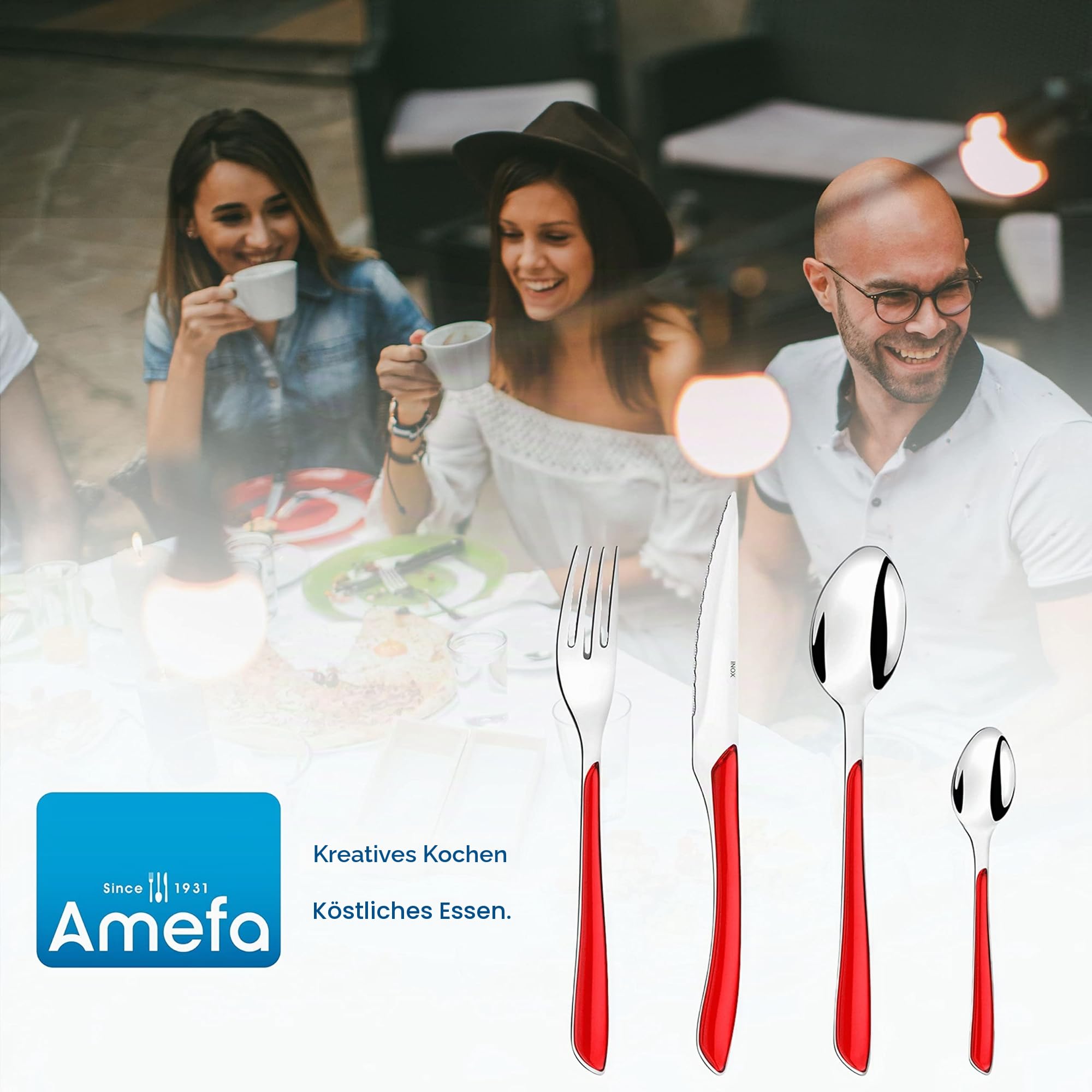 Amefa ECLAT Besteck Set Rot Essbesteck 24-teilig für 6 Personen Edelstahl rostfrei hochwertige Kunststoff-Griffschalen spülmaschinenfest Besteck Set 6 Personen Campingbesteck