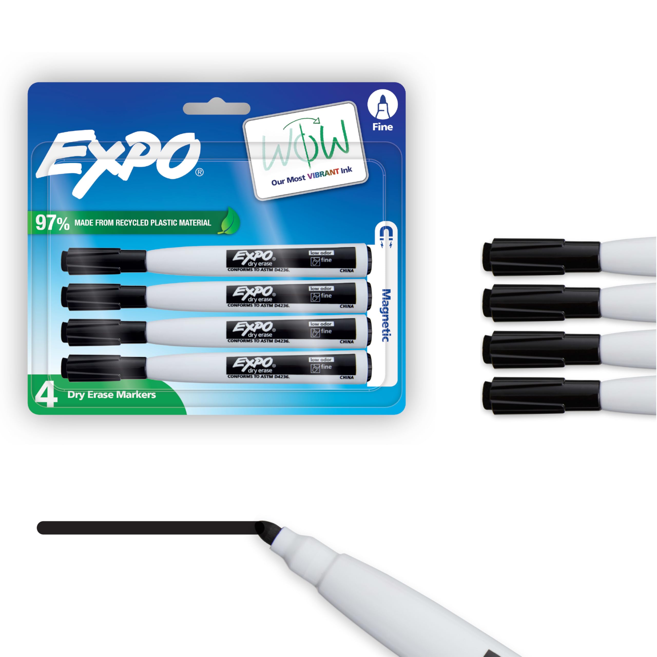 EXPO Magnetic Dry Erase Markers with Eraser, Black, Fine Tip, 4 Count - Back to School, Teacher Supplies, Home Organization