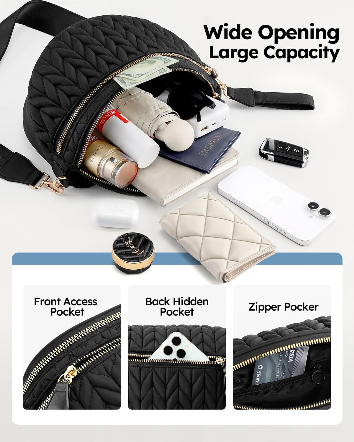 Puffer Crossbody Bum Bags for Women, Quilted Trendy Purse, Spacious Expand Fanny Pa... - Image 3