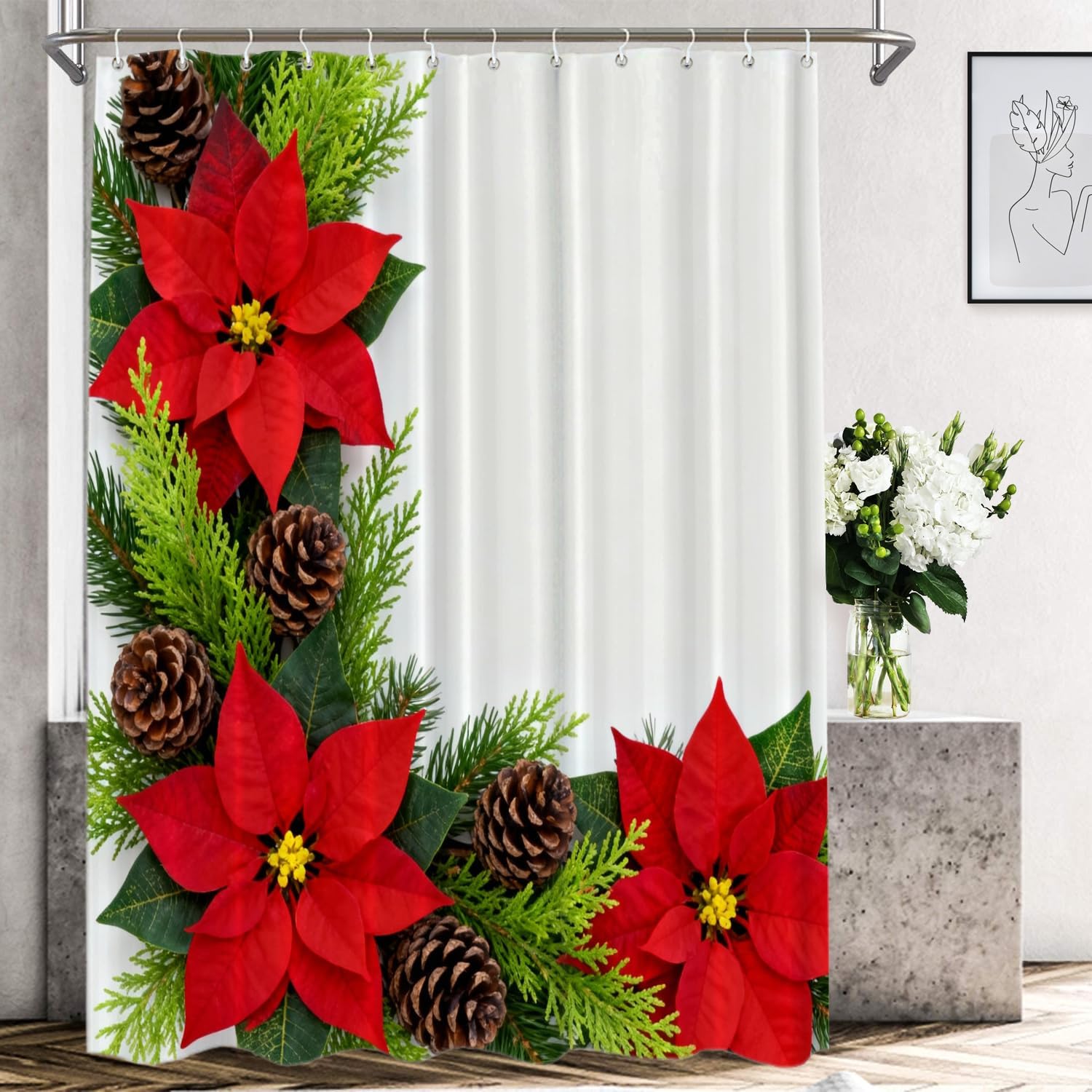 Shrahala Christmas Flowers White Decorative Shower Curtain, Poinsettia Christmas Curtain for Bathtubs Bathroom Decor Waterproof Funny with Grommets 72x72 inch