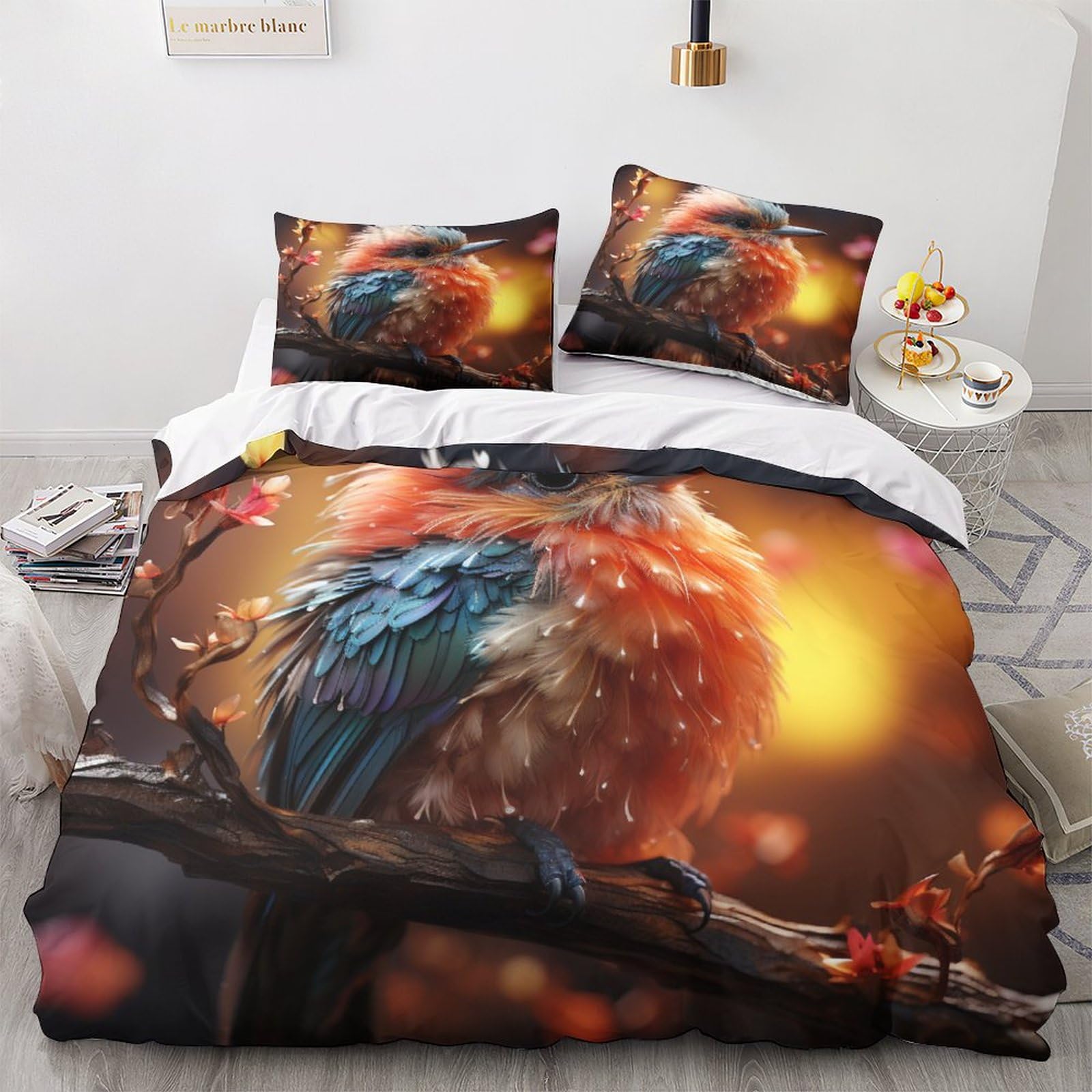 OPSREY Kingfisher Washable Bedding Set Hidden Zipper Duvet Cover Set with Pillowcases Sparrows Quilt Cover Set Soft Microfiber Comforter Cover Various Sizes for Kids Adults Double（200x200cm）