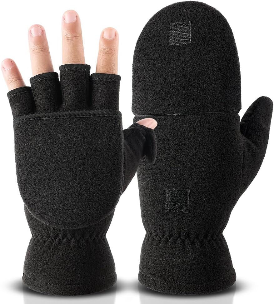 Winter Gloves Fingerless Convertible Mittens Thermal Polar Fleece Insulated Lining Windproof Warm for Men Women