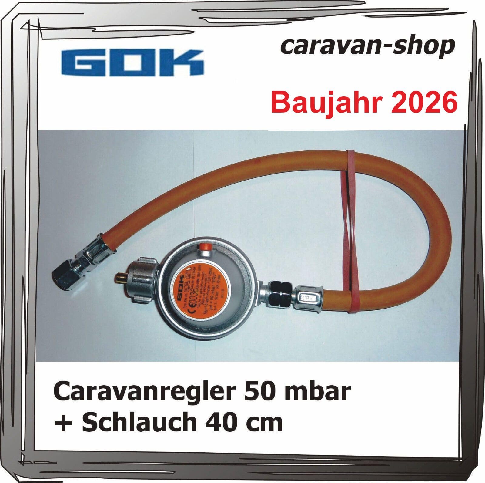 GOK Druckminderer für Caravan/Wohnmobil 50 mbar + Schlauch 40 cm, Gas Wohnwagen 2026