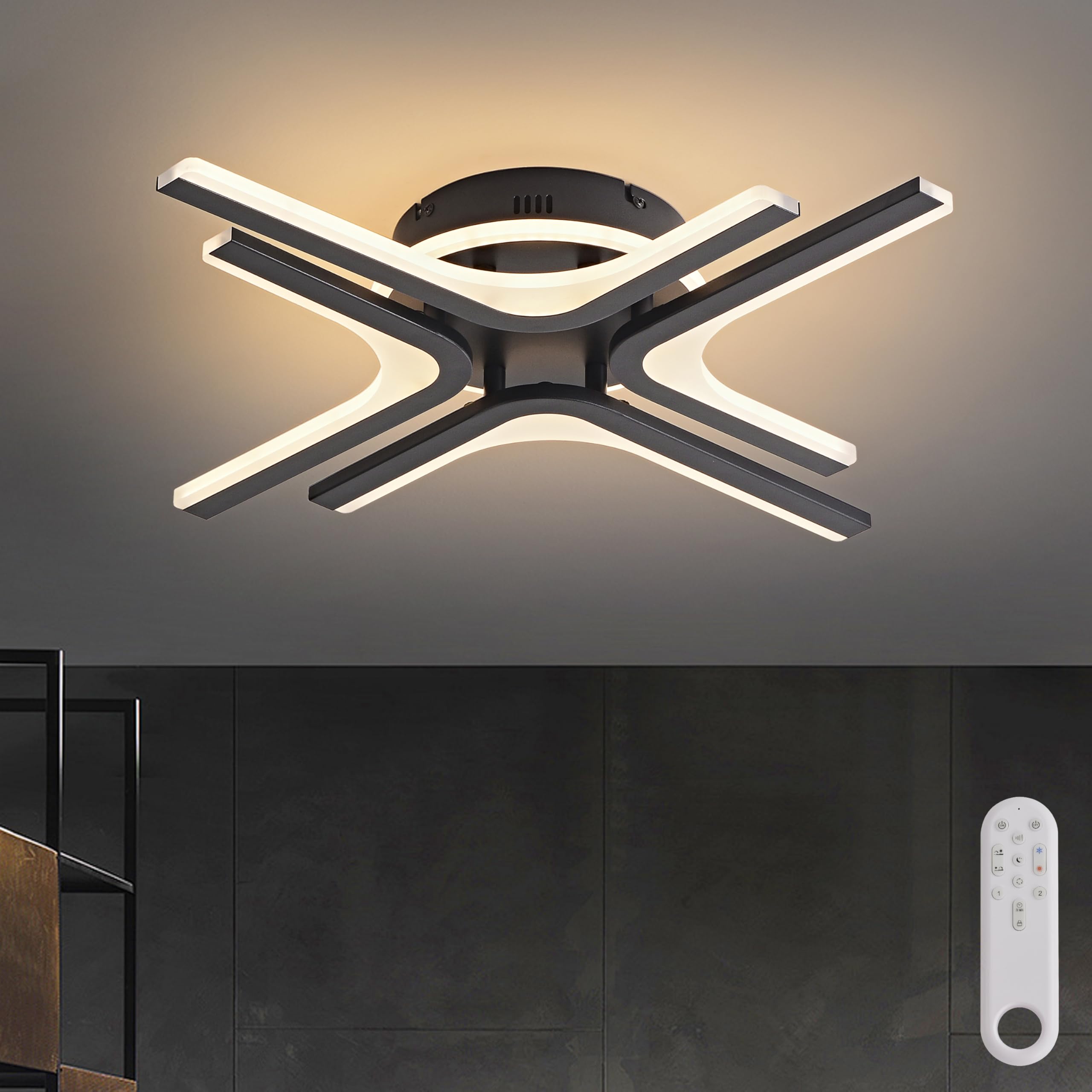 LED Deckenleuchte Dimmbar schwarz Stern, 57cm 32W Farbtemperatur 3000-6000K, Helligkeit 10-100%, Neu Fernbedienung/Mobile APP, Für Schlafzimmer, Wohnzimmer, Flur, Mit Memory-Funktion, 3W Nachtlicht