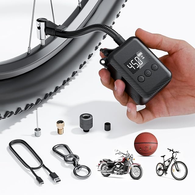 130PSI Mini Electric Bike Pump, Portable Tire Pump with Pressure Gauge, Auto Shut-off, Rechargeable Battery, for MTB/Road/City Bike, Presta and Schrader Valve, Black