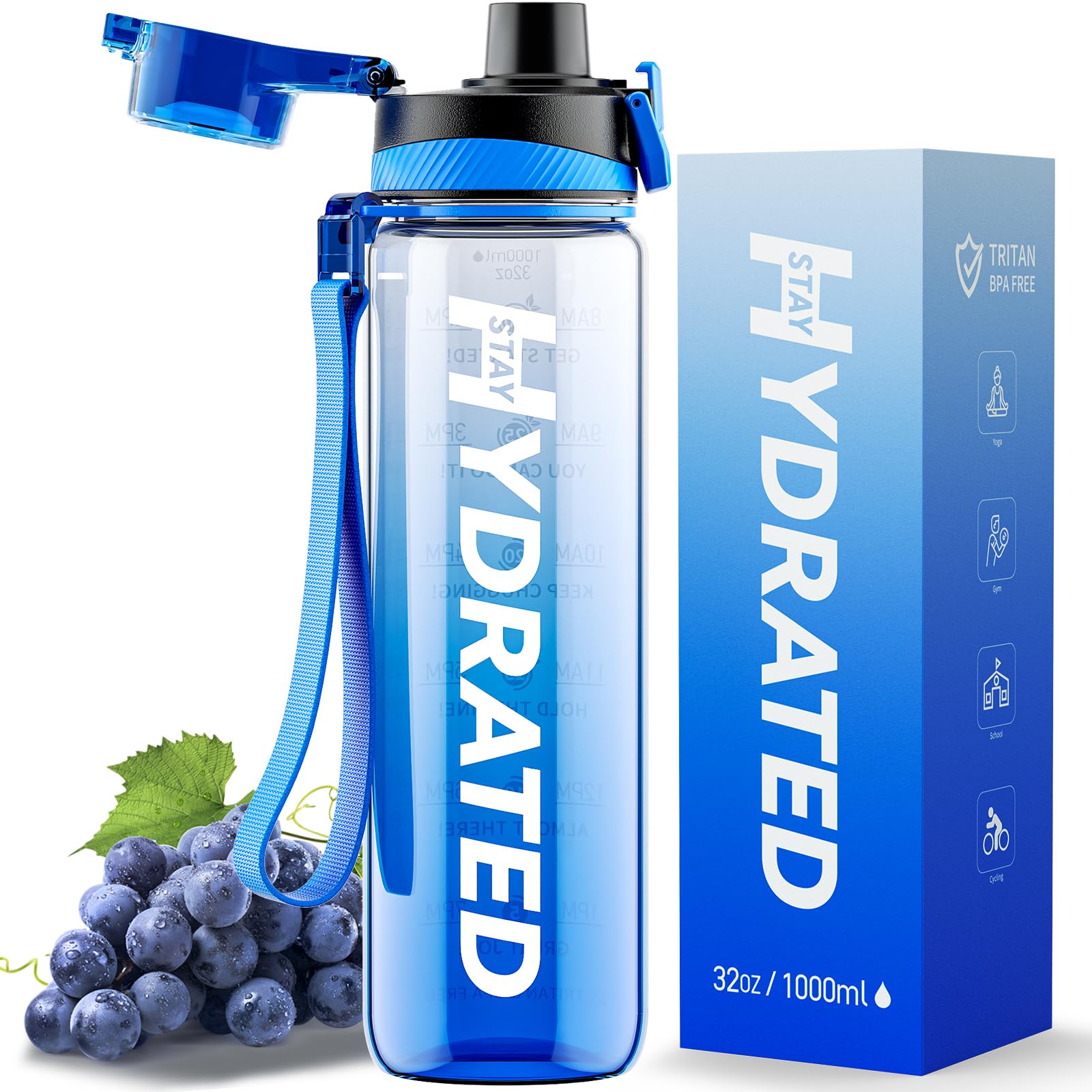 Mevoly Borraccia 1 Litro, Borraccia Palestra con Orari per Bere, Borraccia Sportiva Motivazionale 1L senza BPA, Antigoccia, Trasparente Bottiglia Acqua per Ufficio, Scuola, Trekking Bottle