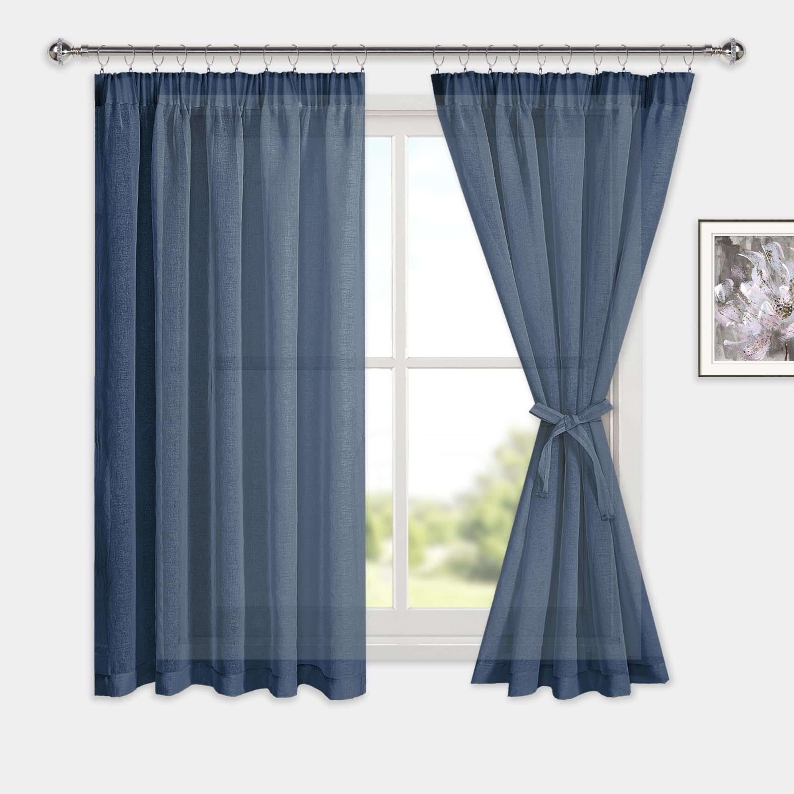 DWCN Voile Curtains with Tiebacks Voile Net Curtains for Window Sheer Curtains Pencil Pleat for Living Room 2 Panels, Blue
