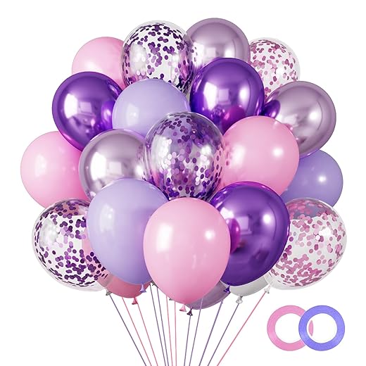 RUBFAC 65 Pcs 12 Inches Pink Purple Balloon Arch Garland Kit, Purple Pink Confetti Balloons, Metallic Purple Pink Latex Balloons for Girls Birthday Baby Shower Wedding Decorations