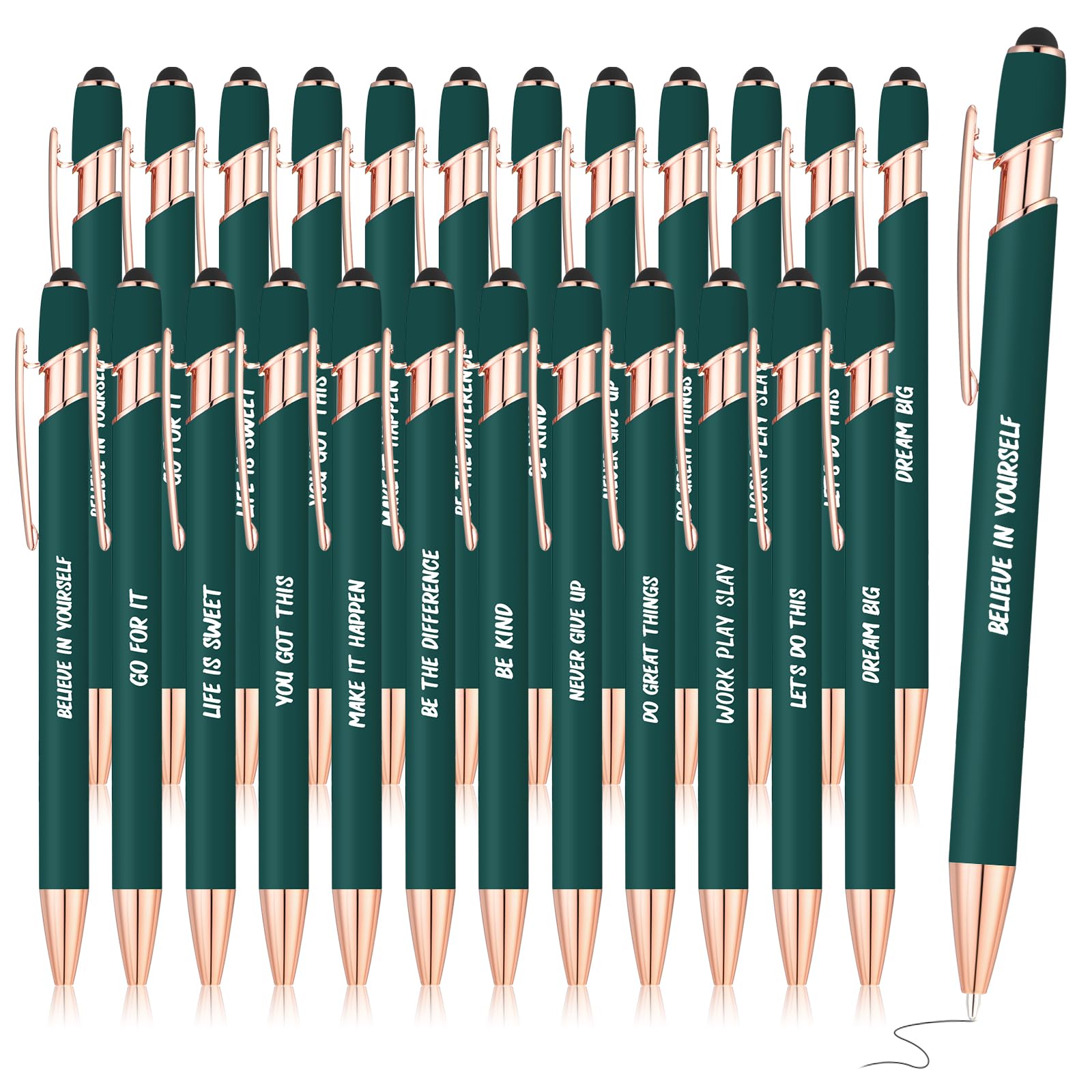 24 Pcs Inspirational Ballpoint Pens Motivational Black Ink Retractable Quotes Pen with Stylus Tip Encouraging Message for Women Men Writing Office School Valentine's Day Gift(Dark Green)