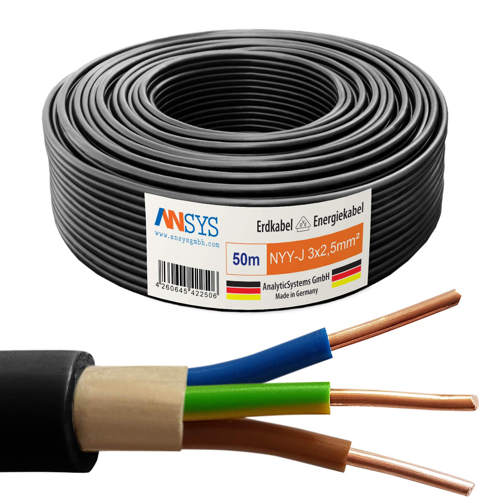 50m NYY-J 3x2,5 mm² Erdkabel Elektrokabel Beton und Freien Kupfer Made in Germany