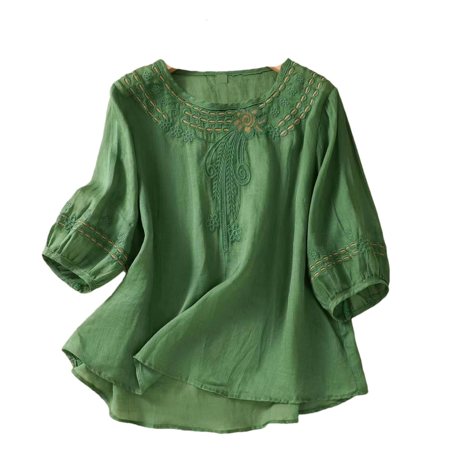 Chemisier rétro en coton et lin brodé à manches courtes pour femme Printemps et été Manches mi-longues Style chinois Haut ample