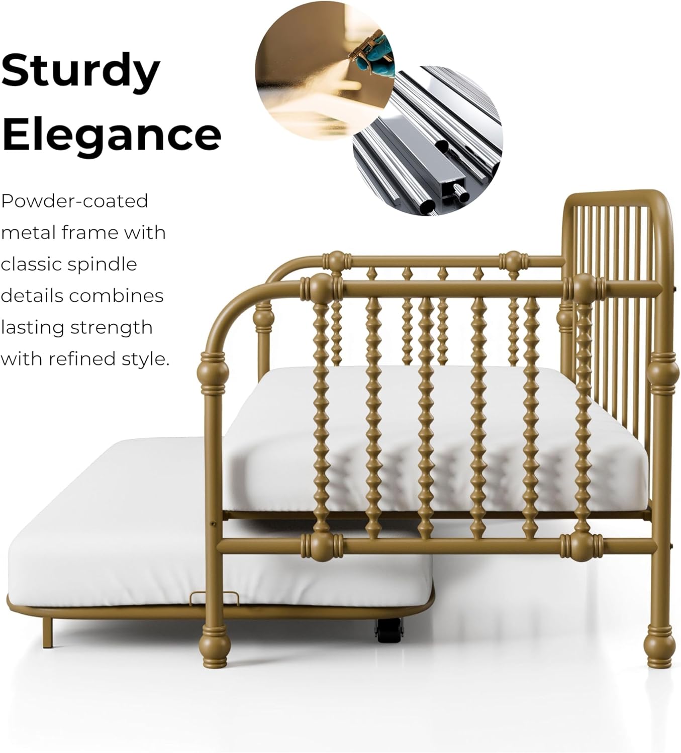 Furniture of America Wren Modern Metal Twin Size Daybed with Trundle and Wheels, Sofa Bed with Spindles and Checker-Box Frame for Living Room, Bedroom, Guest Room, Gold