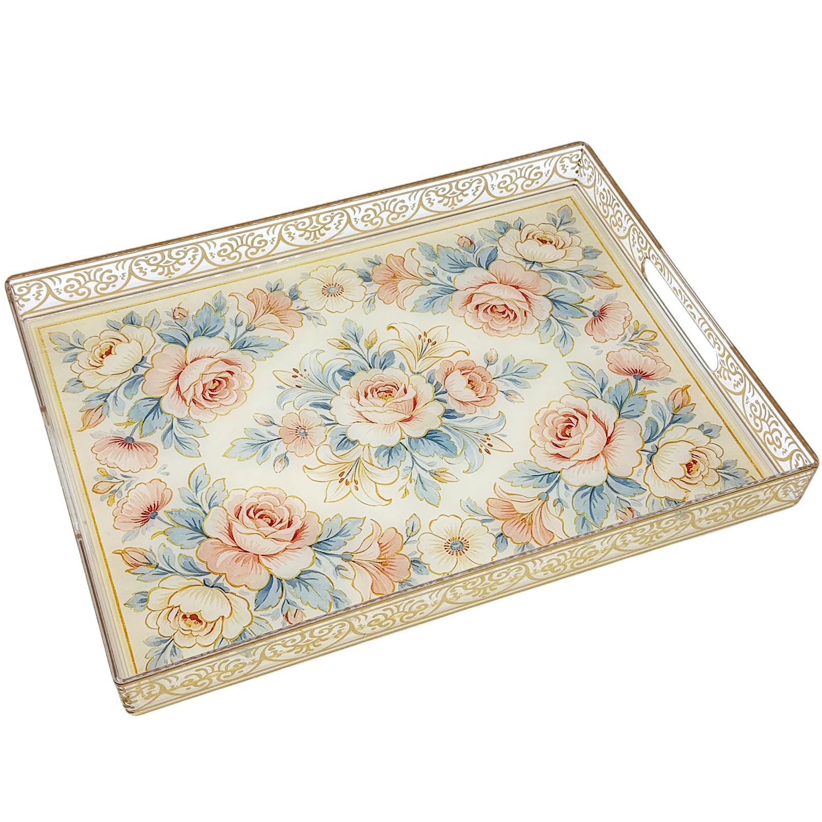Serving Tray with Handle, 15.7" x 11.8" for Coffee Table &amp; Livingroom, Blue Decorative Trays for Ottoman