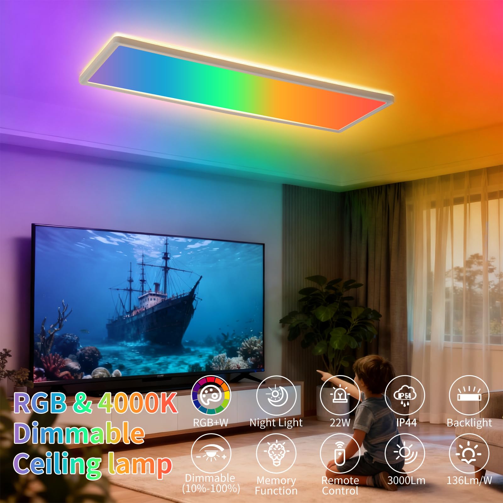 LEZOE Plafoniera RGB LED dimmerabile con telecomando, 58x20x2,8cm, 23W 3000LM (136lm/W), 2700K-6500K, Lampada LED, pannello luminoso da soffitto per ufficio, cucina, soggiorno, camera da letto