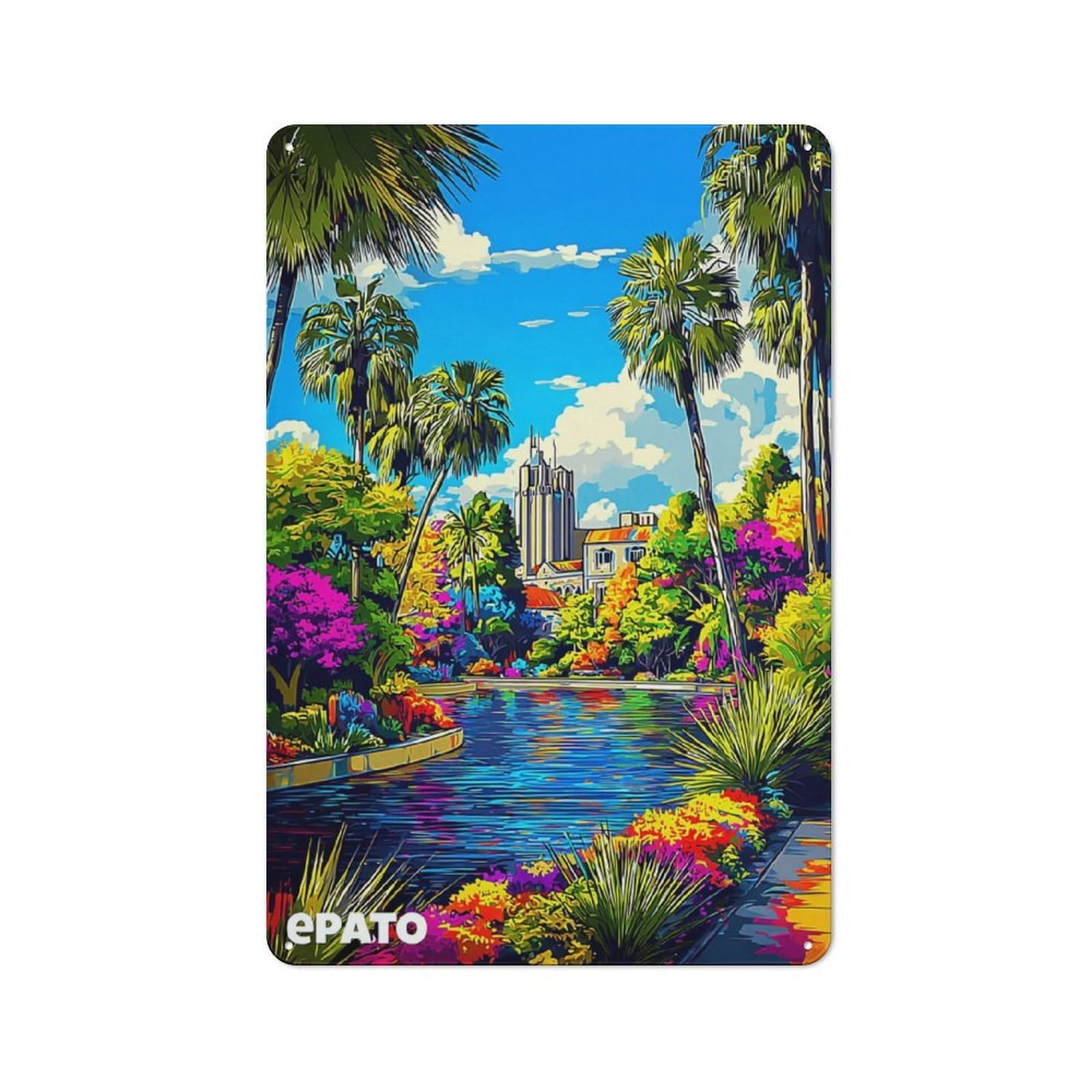 Junmoney Colorful Tropical Garden With Reflective Pond Tin Wall Plaque 30X20cm With For Hobby Room Or Studio, For Updating Hobby Room And Studio After Moving